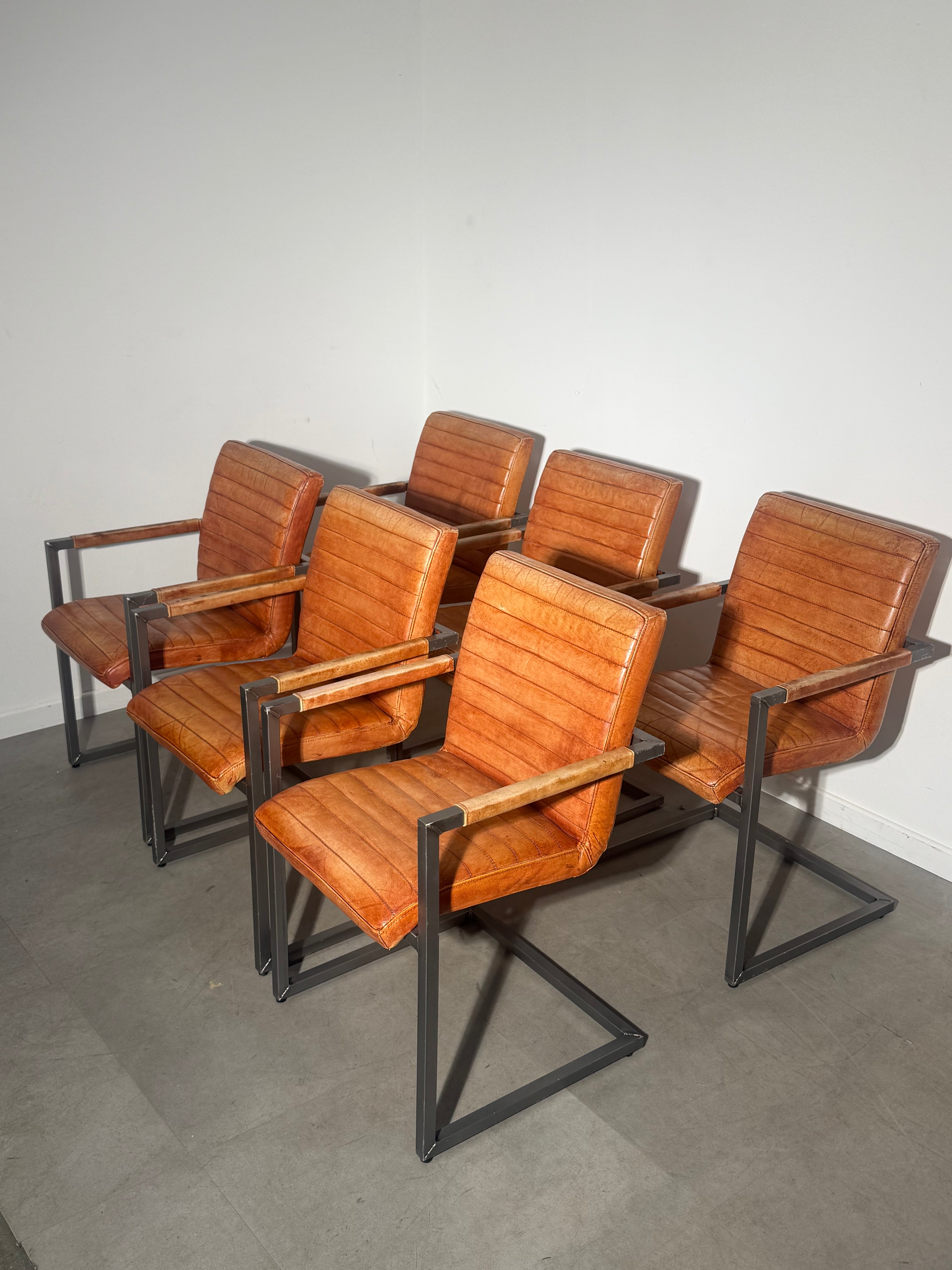 Set of 6 Vintage Cognac Leather Cantilever Armchairs