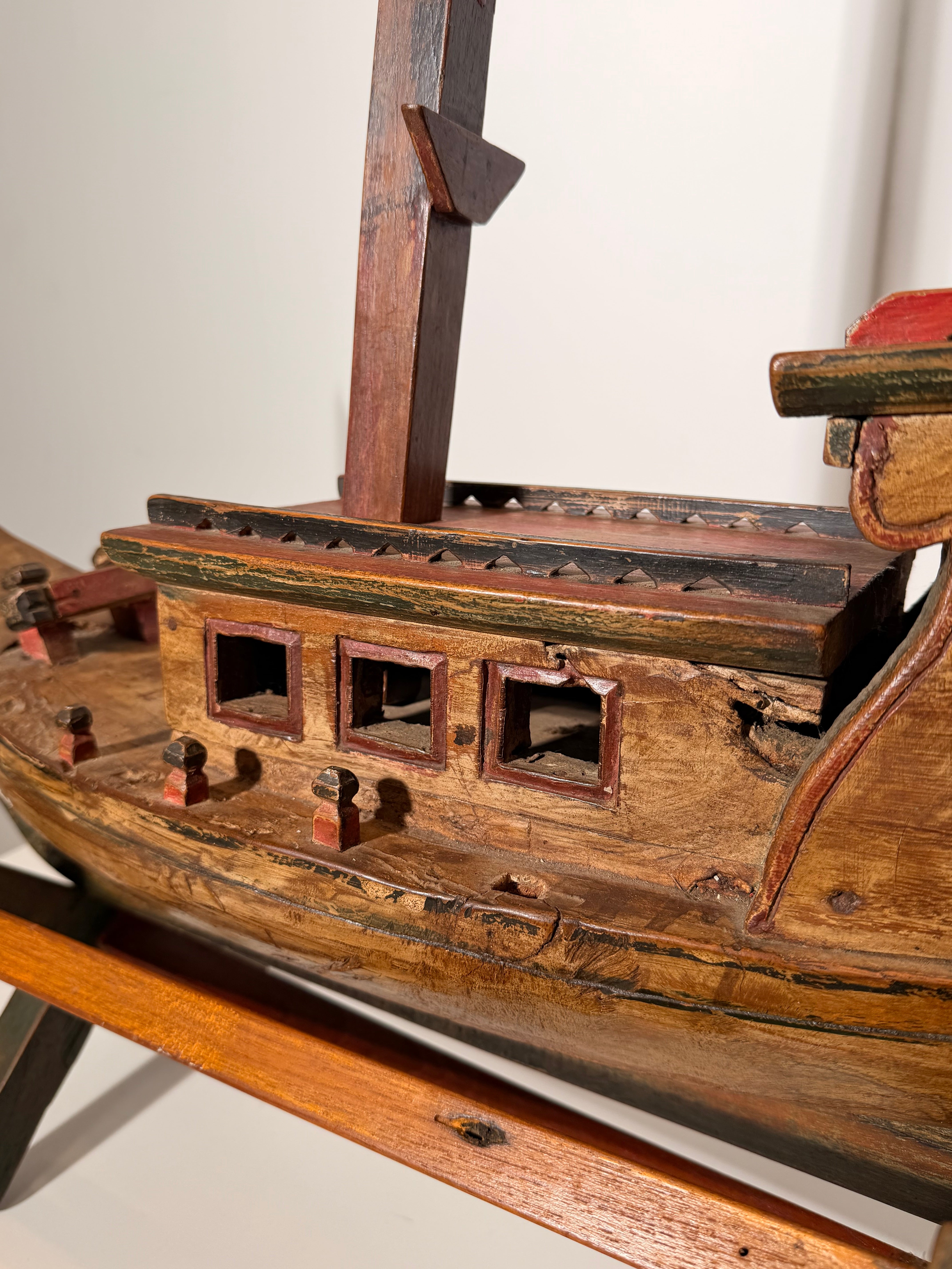 Antique Hand-Carved Wooden Fishing Boat Sculpture on Stand