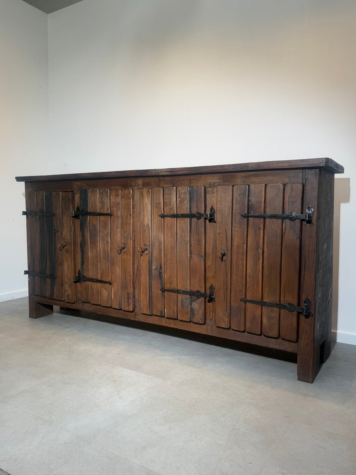 Large Brutalist Solid Wood Sideboard with Hand-Forged Iron Hardware