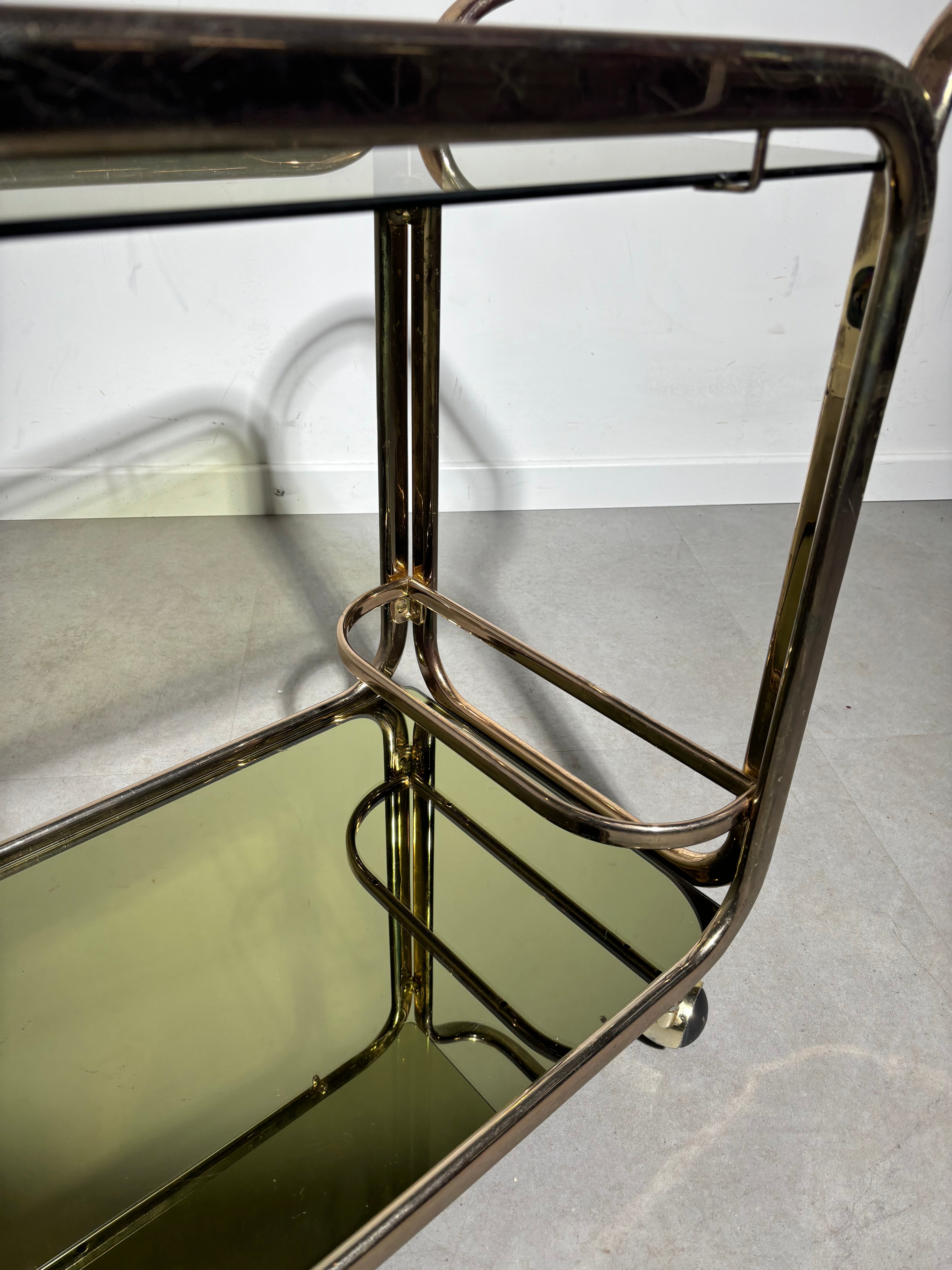 Hollywood Regency Smoked Glass & Brass Trolley, 1970