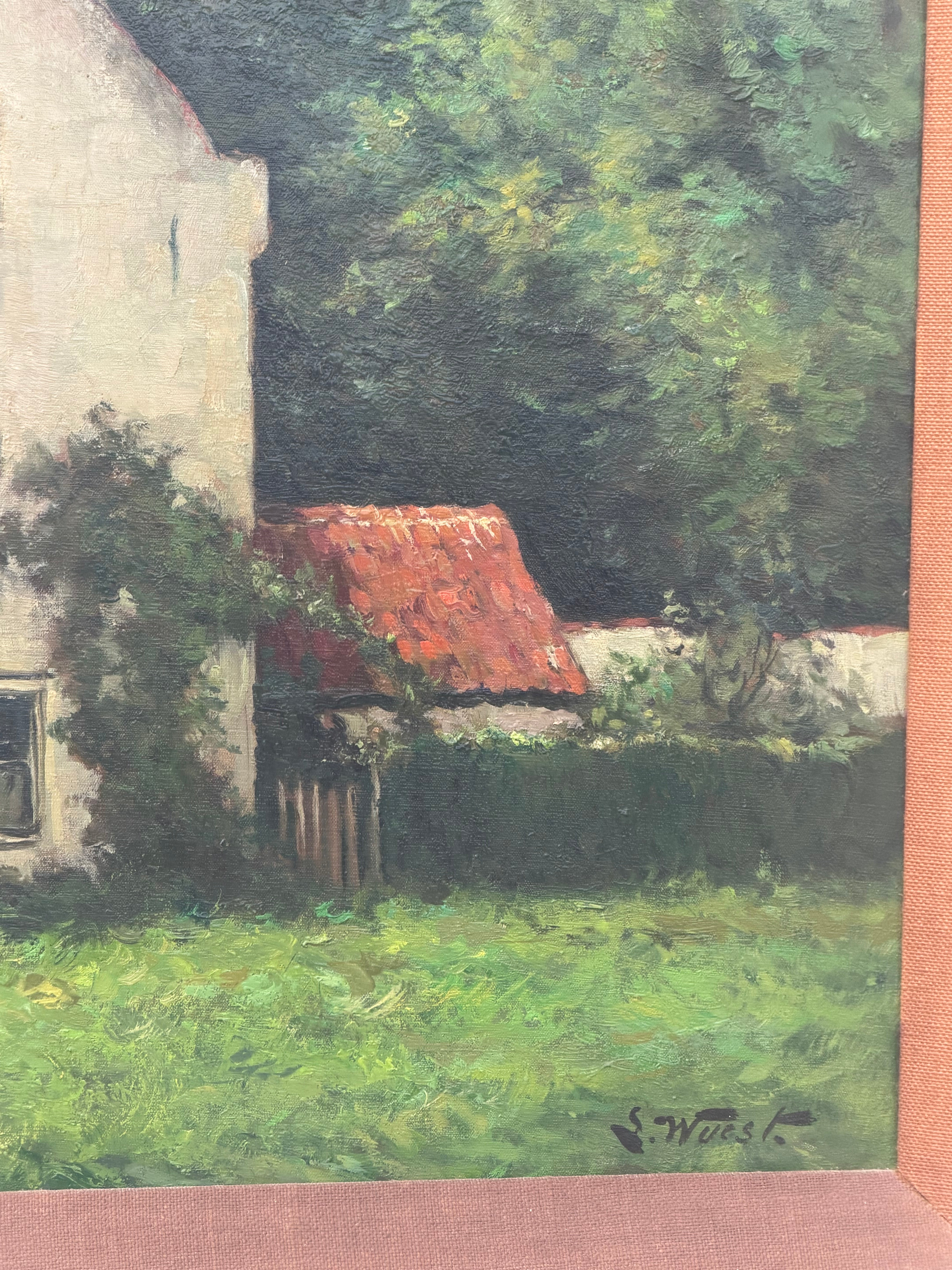 Antique Oil on Canvas Painting by Wuest – Countryside House Scene – 110 x 96 cm