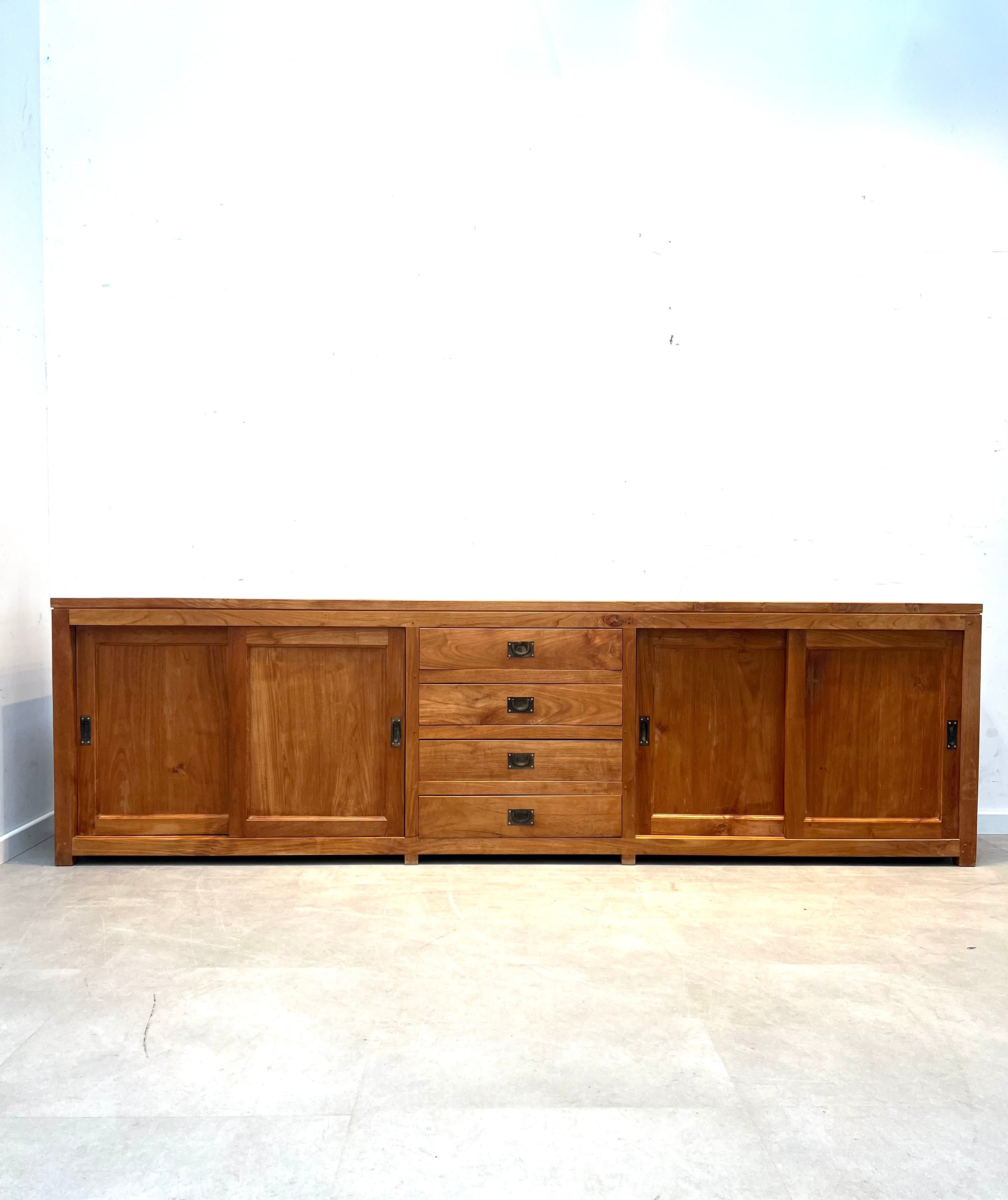 Large Solid Teak Sideboard with Sliding Doors and Drawers
