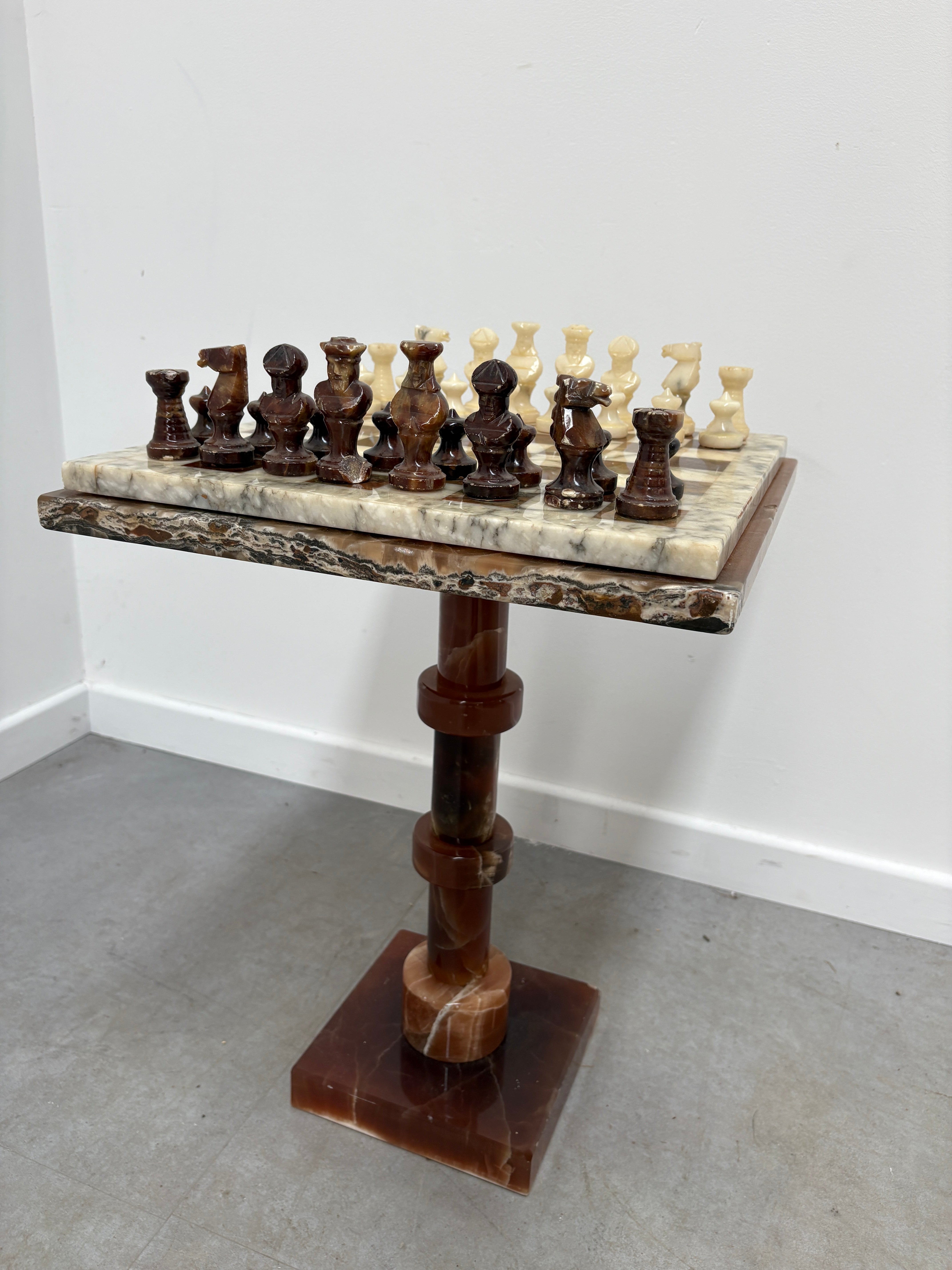 Vintage Marble Chess Set on Marble Pedestal Stand