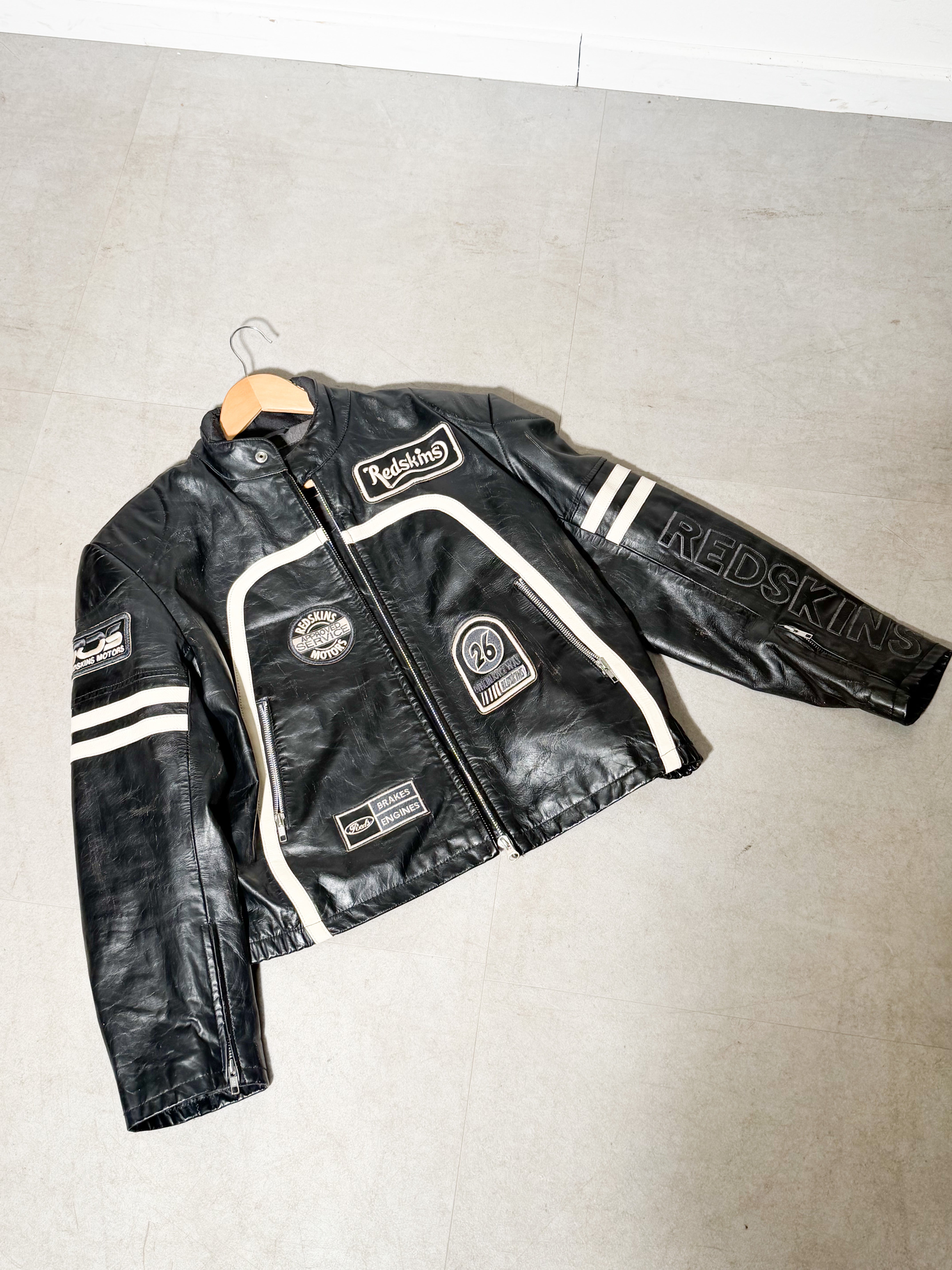 Redskins Vintage Black Leather Racing Jacket – Size L – Motorcycle Biker Jacket