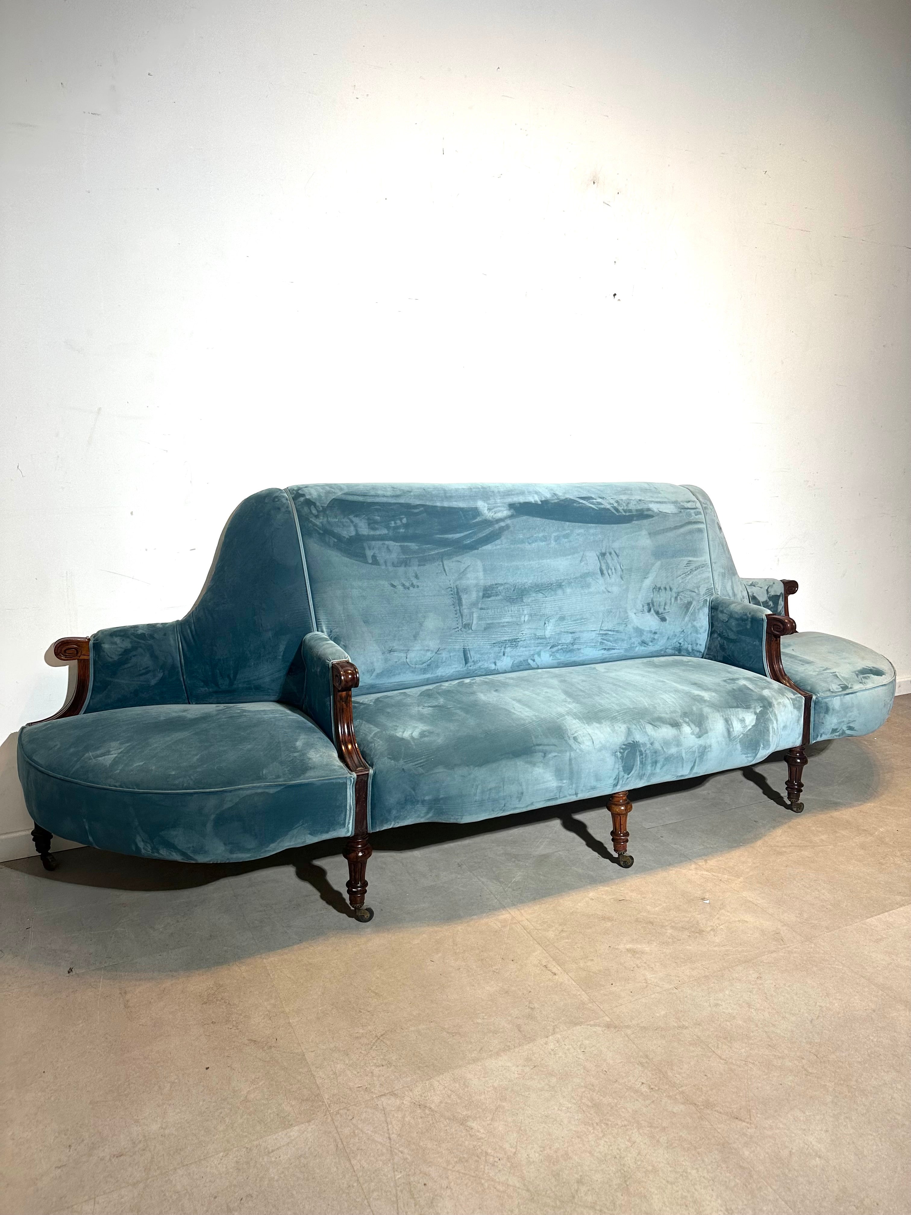 Antique Victorian-Style Blue Velvet Sofa