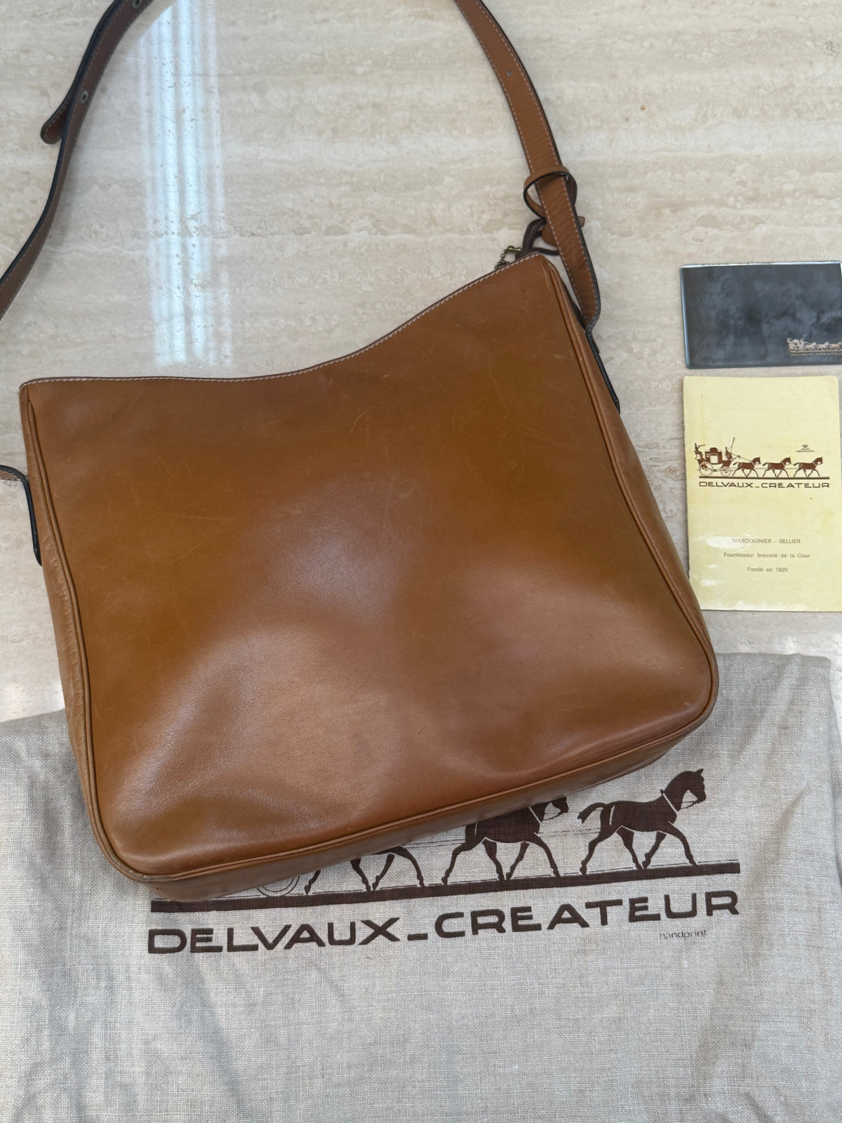 Vintage Delvaux Cognac Leather Shoulder Bag – With Dust Bag, Mirror & Certificate