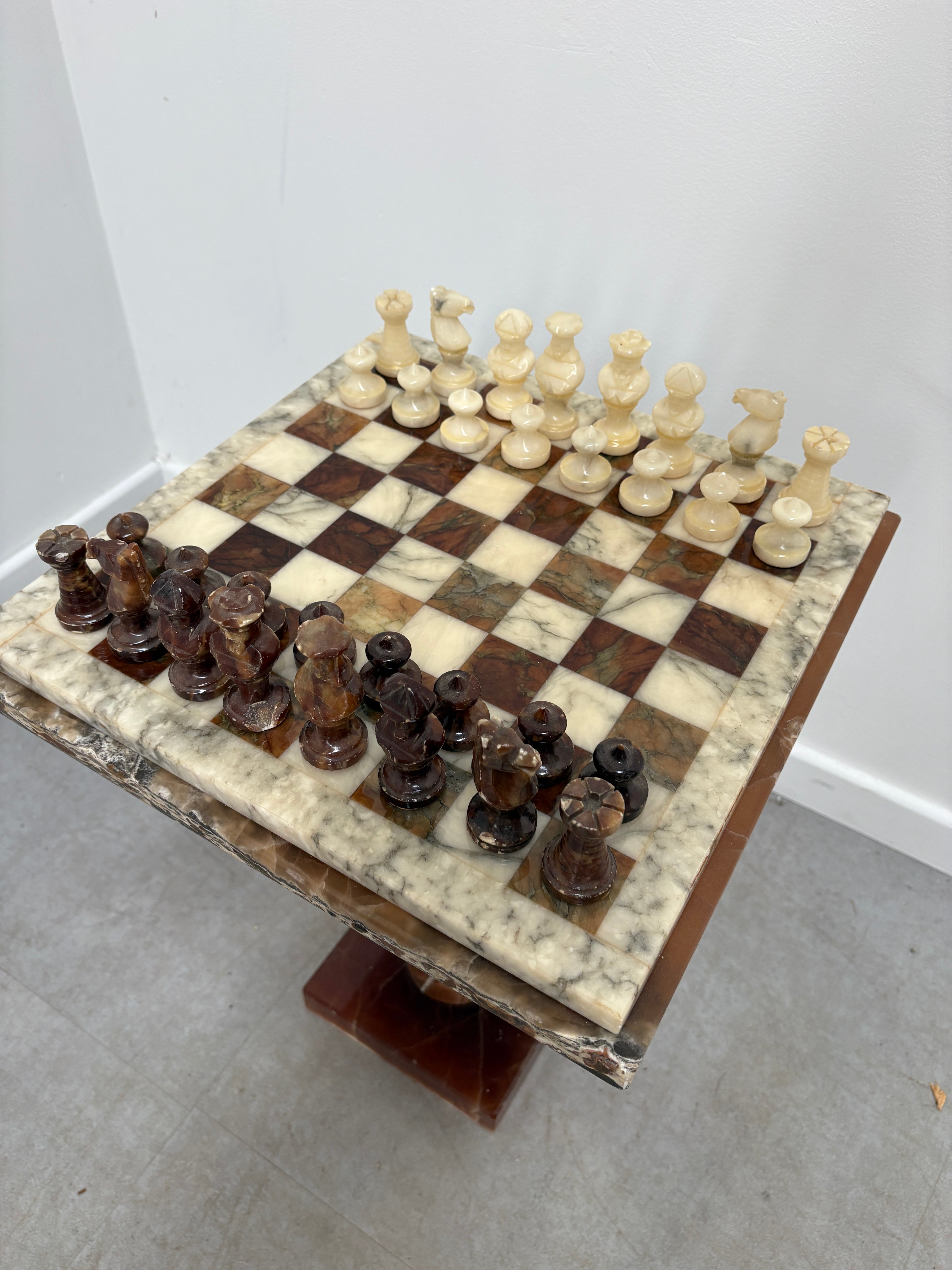 Vintage Marble Chess Set on Marble Pedestal Stand