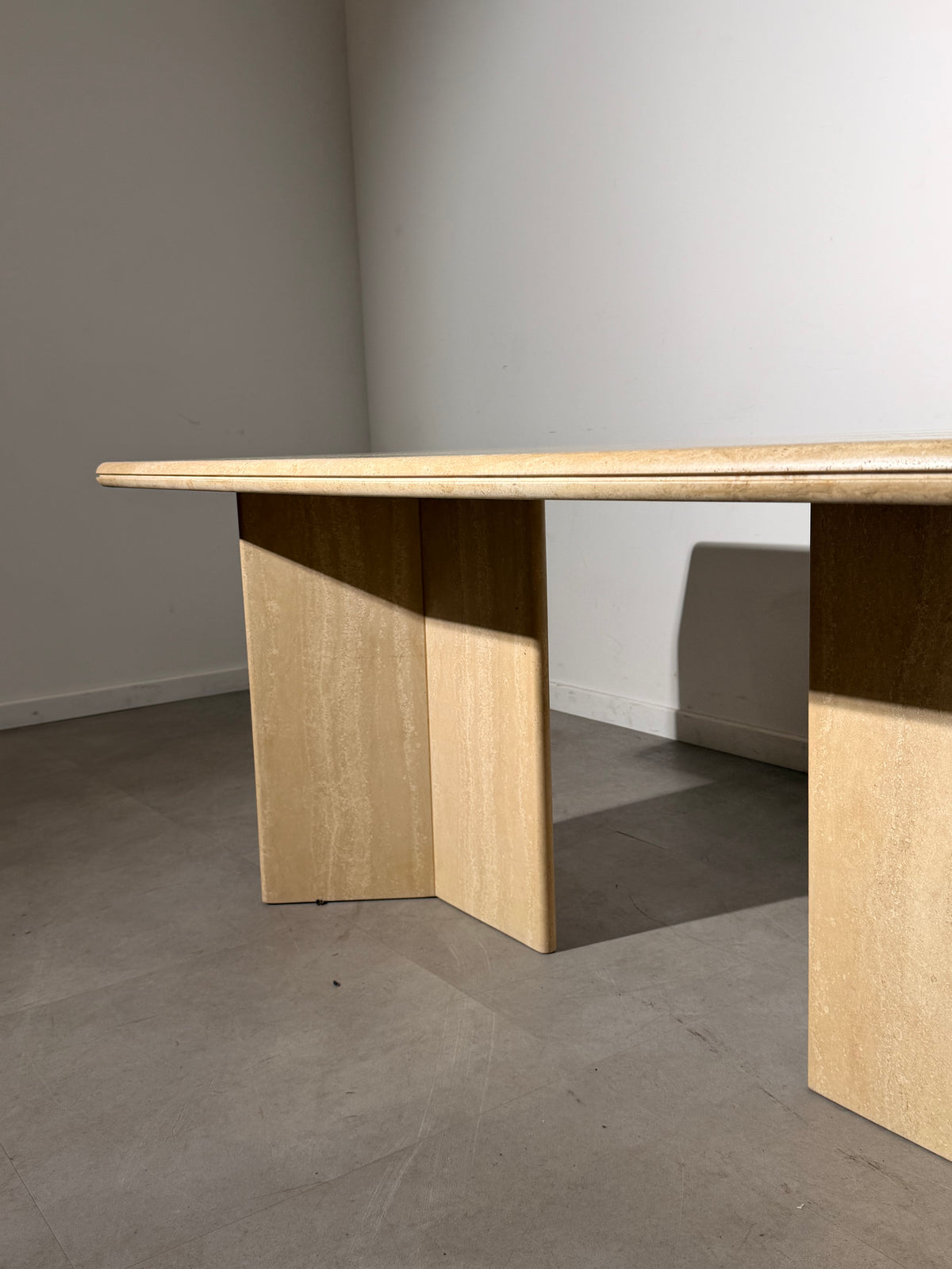 Vintage Travertine Dining Table – Sculptural Double Pedestal Base