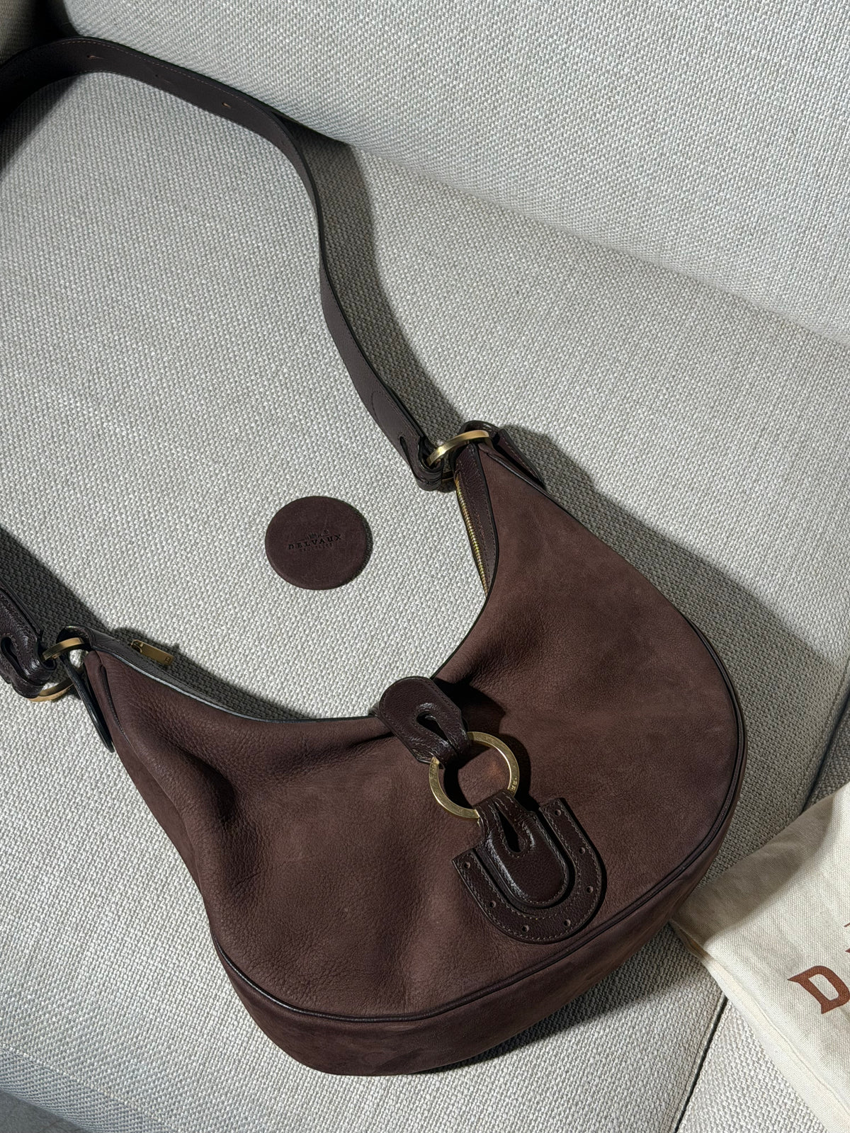Delvaux Camille PM Shoulder Bag in Brown Suede – With Dust Bag & Mirror