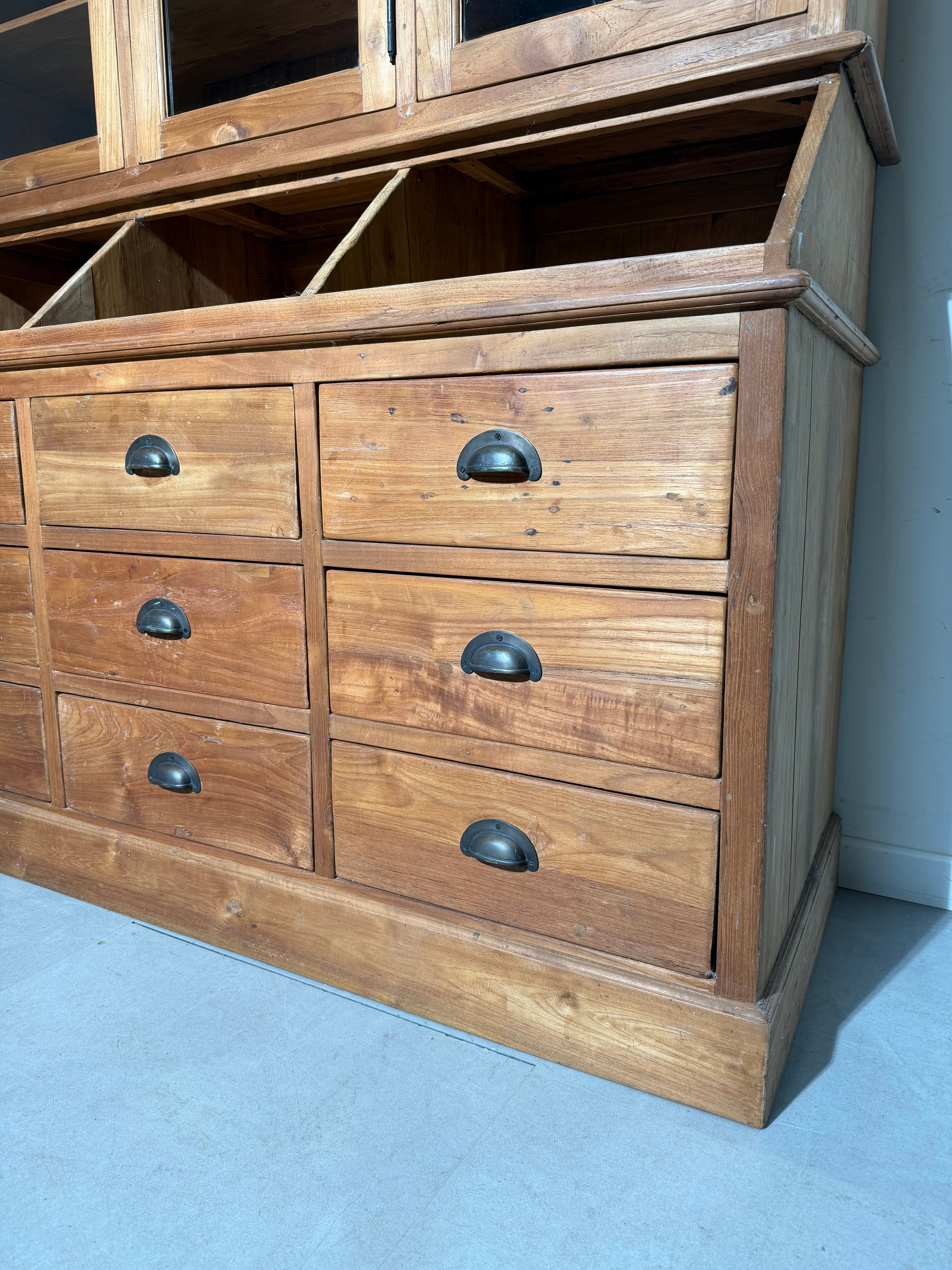 Teak Display Cabinet with Drawers and Glass Doors