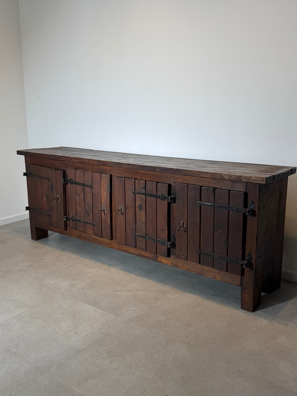 Large Brutalist Solid Wood Sideboard with Hand-Forged Iron Hardware