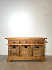 Solid Teak Sideboard with Drawers and Woven Baskets
