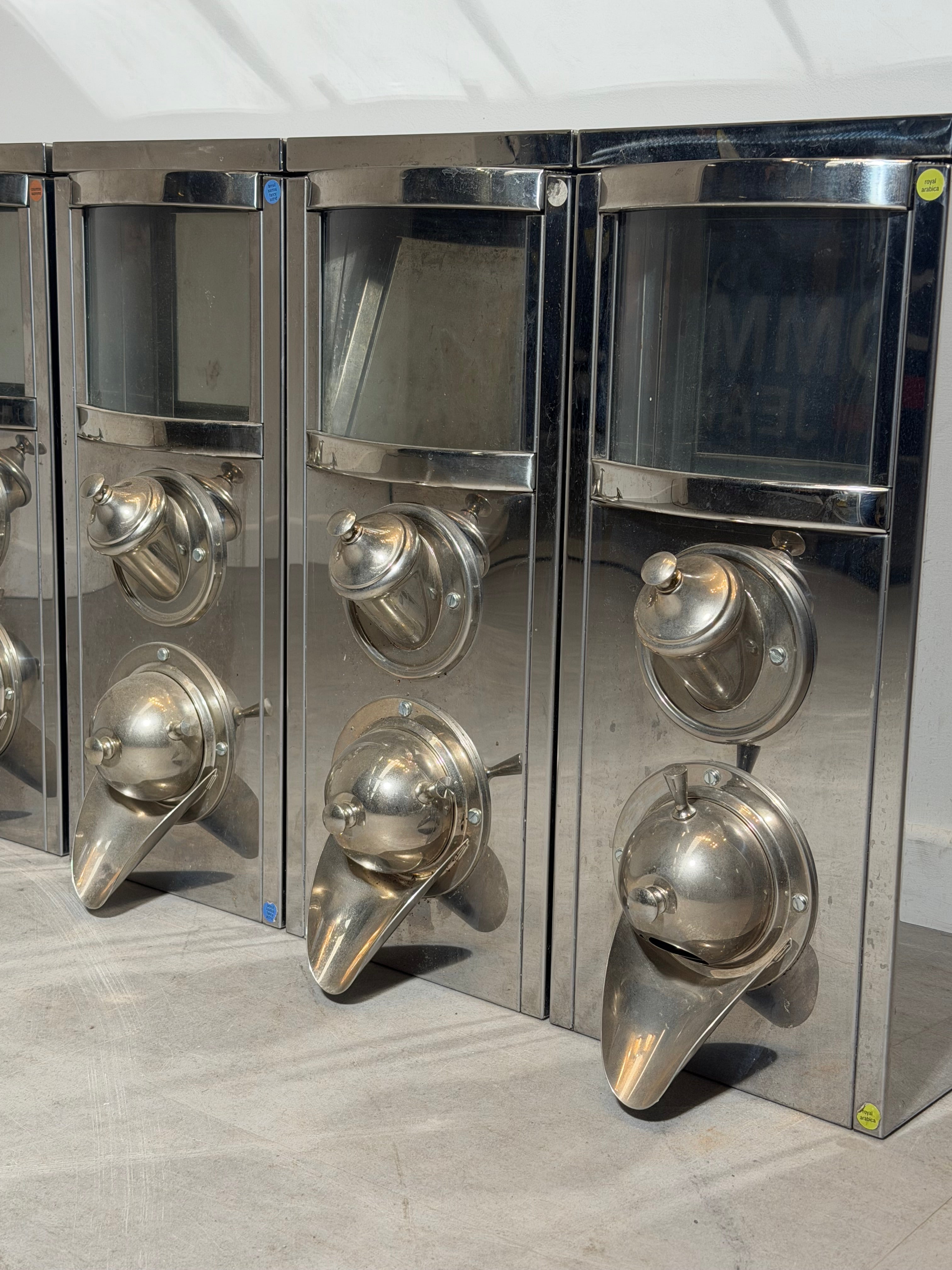 Set of Four Industrial Coffee Silos in Stainless Steel