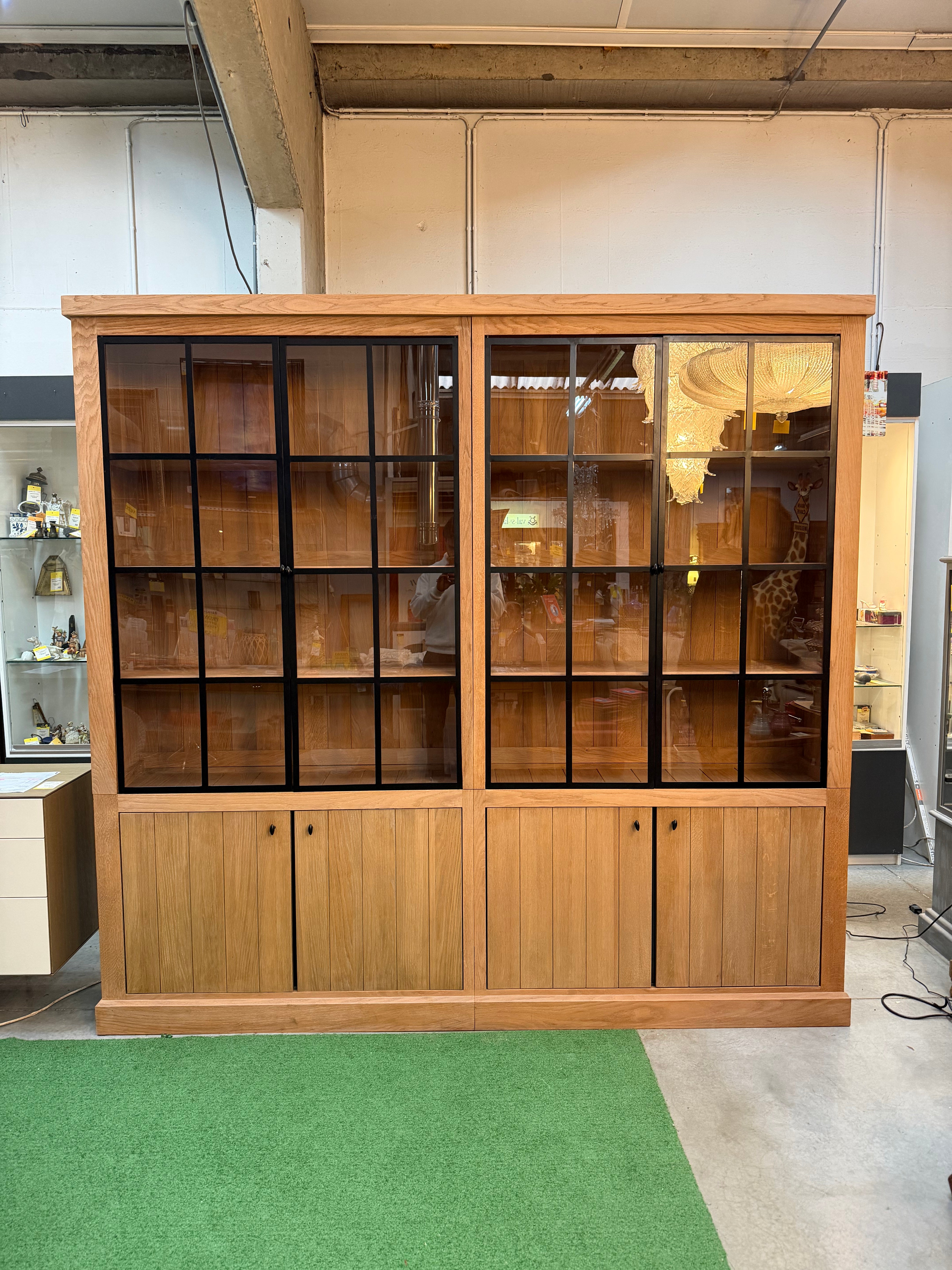 Large Oak Display Cabinet with Black Metal Grid Doors
