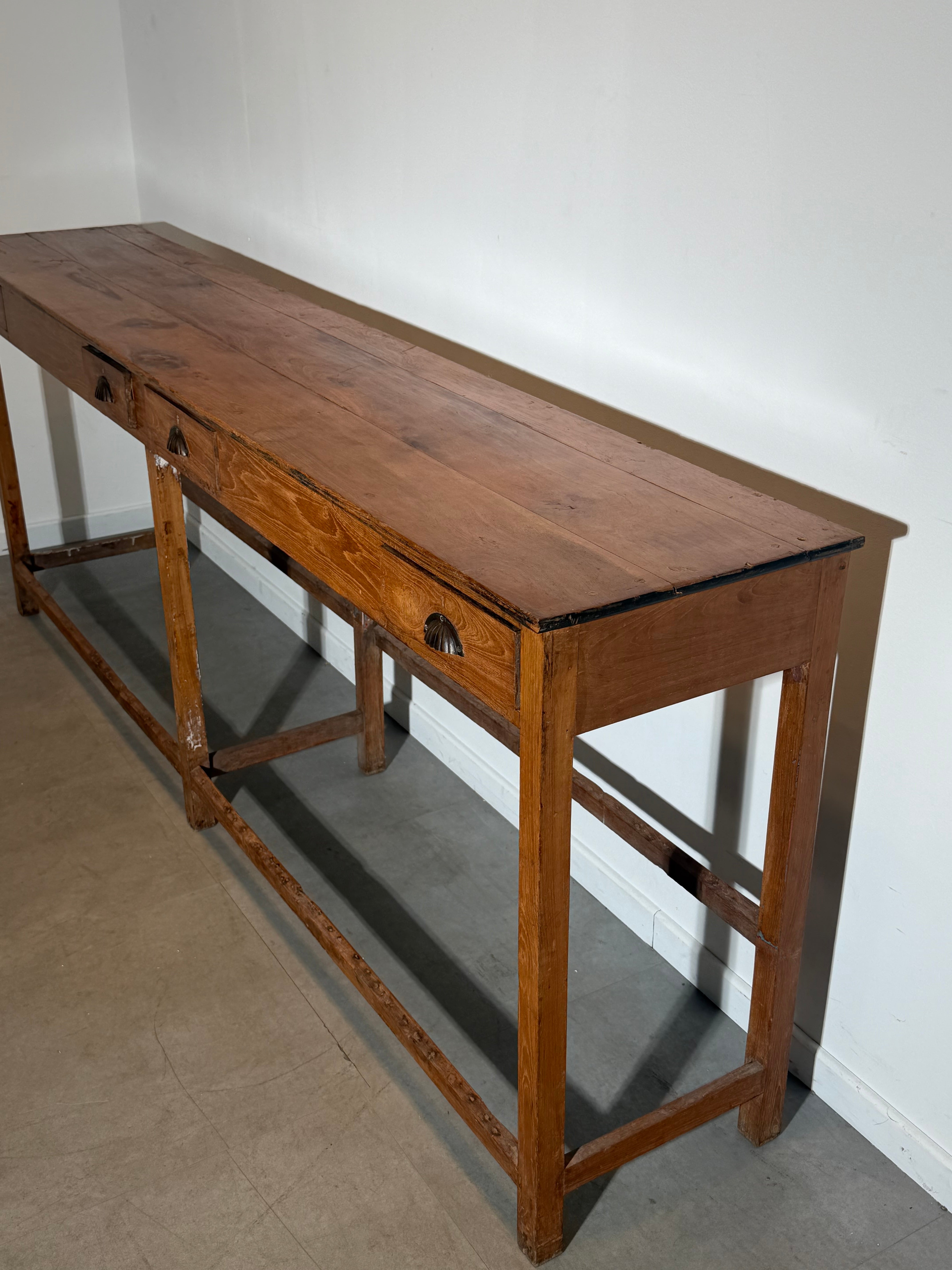 Antique Solid Oak Console Table with Four Drawers