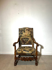 Antique Carved Oak Armchair with Tapestry Upholstery