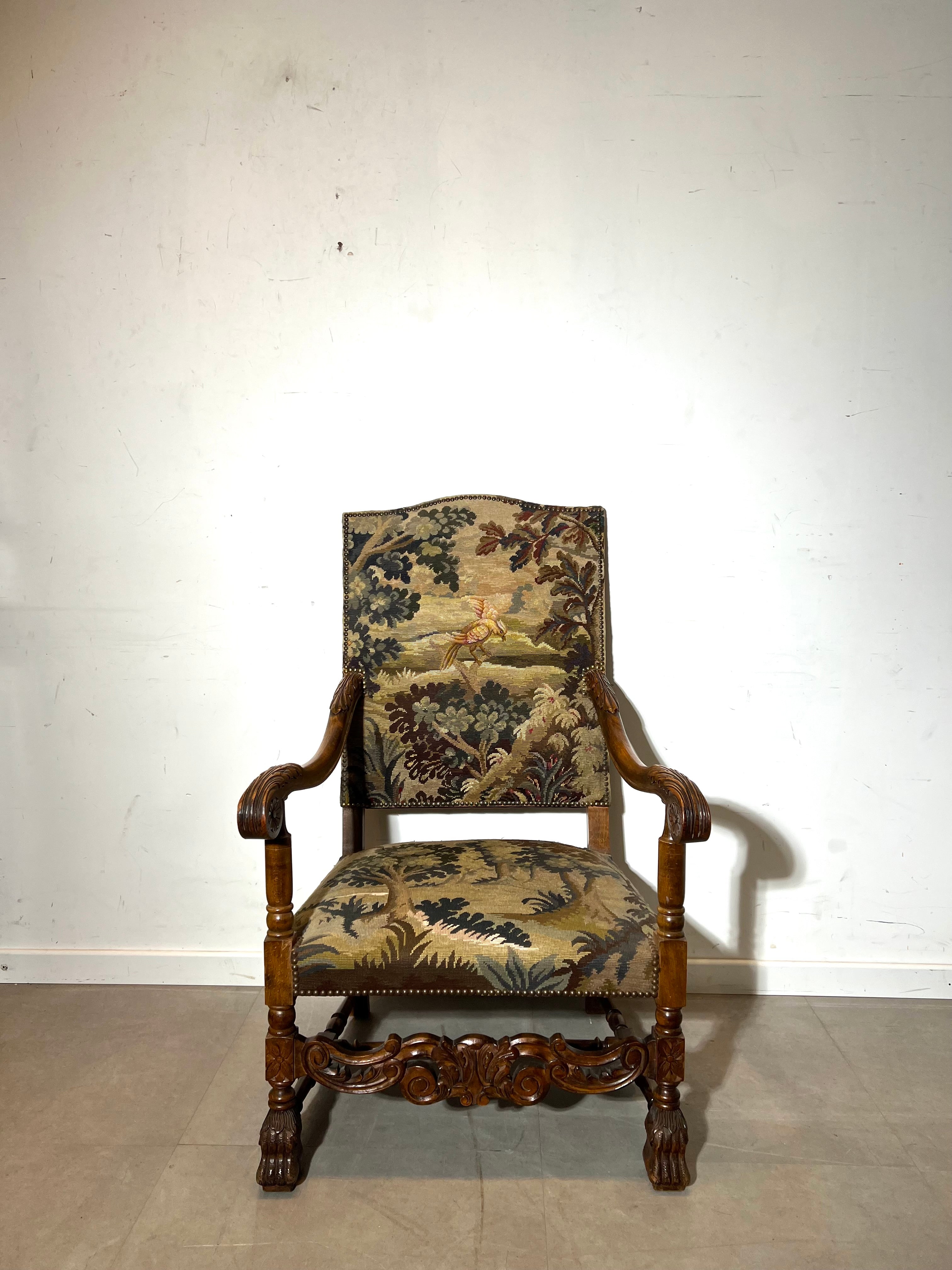 Antique Carved Oak Armchair with Tapestry Upholstery