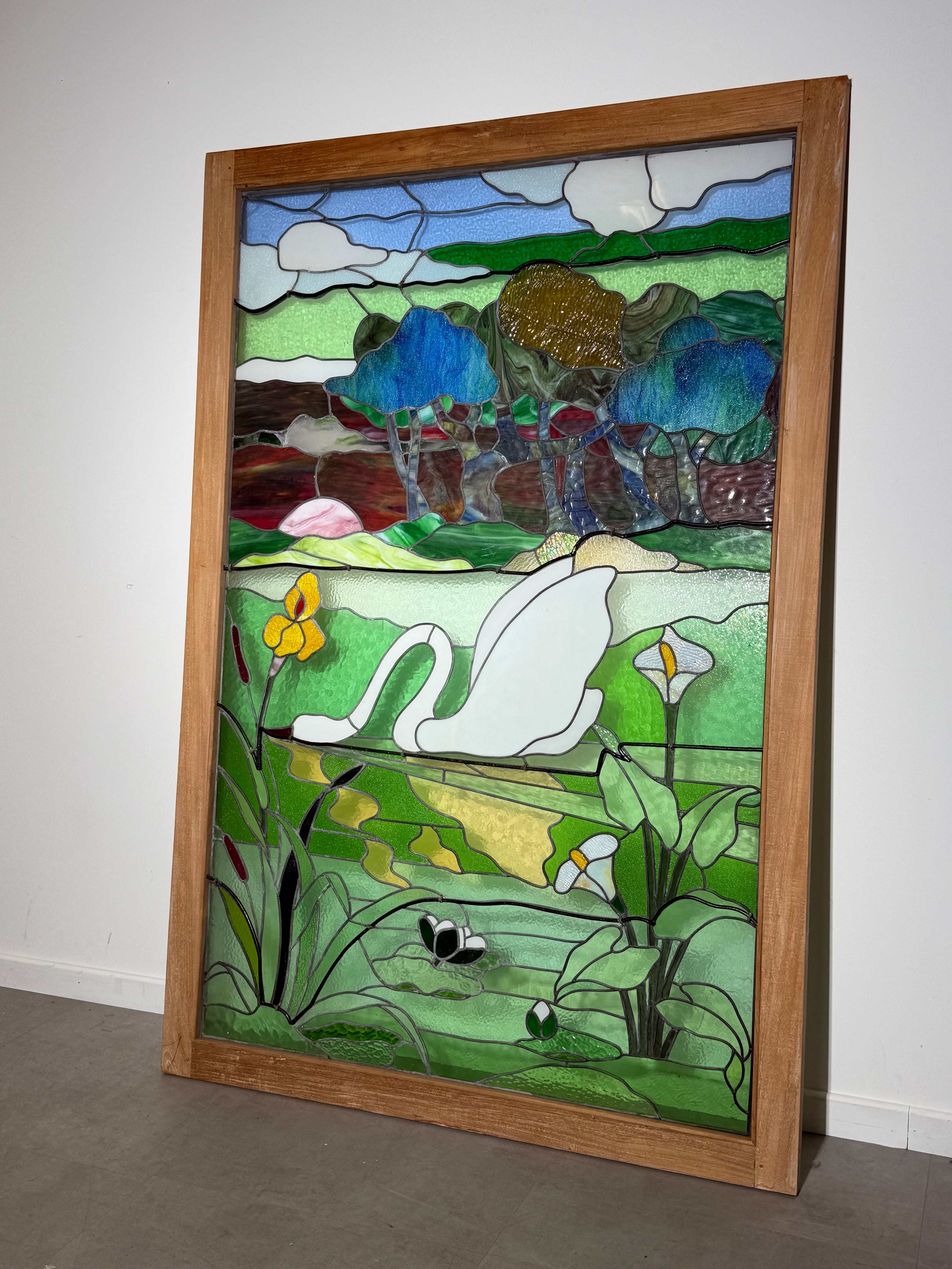 Large Stained Glass Panel with Swan Landscape