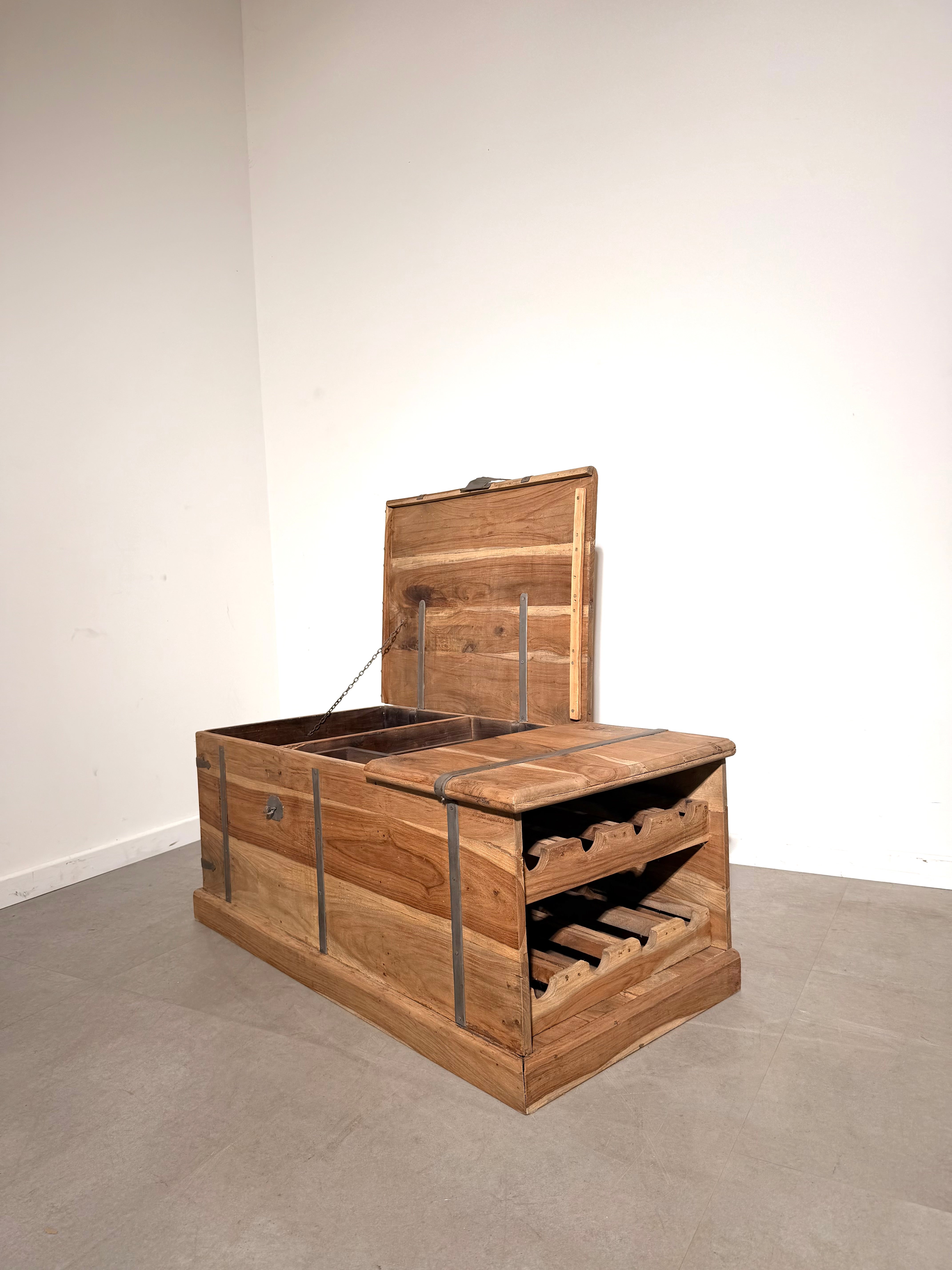 Teak Storage Chest with Integrated Wine Rack