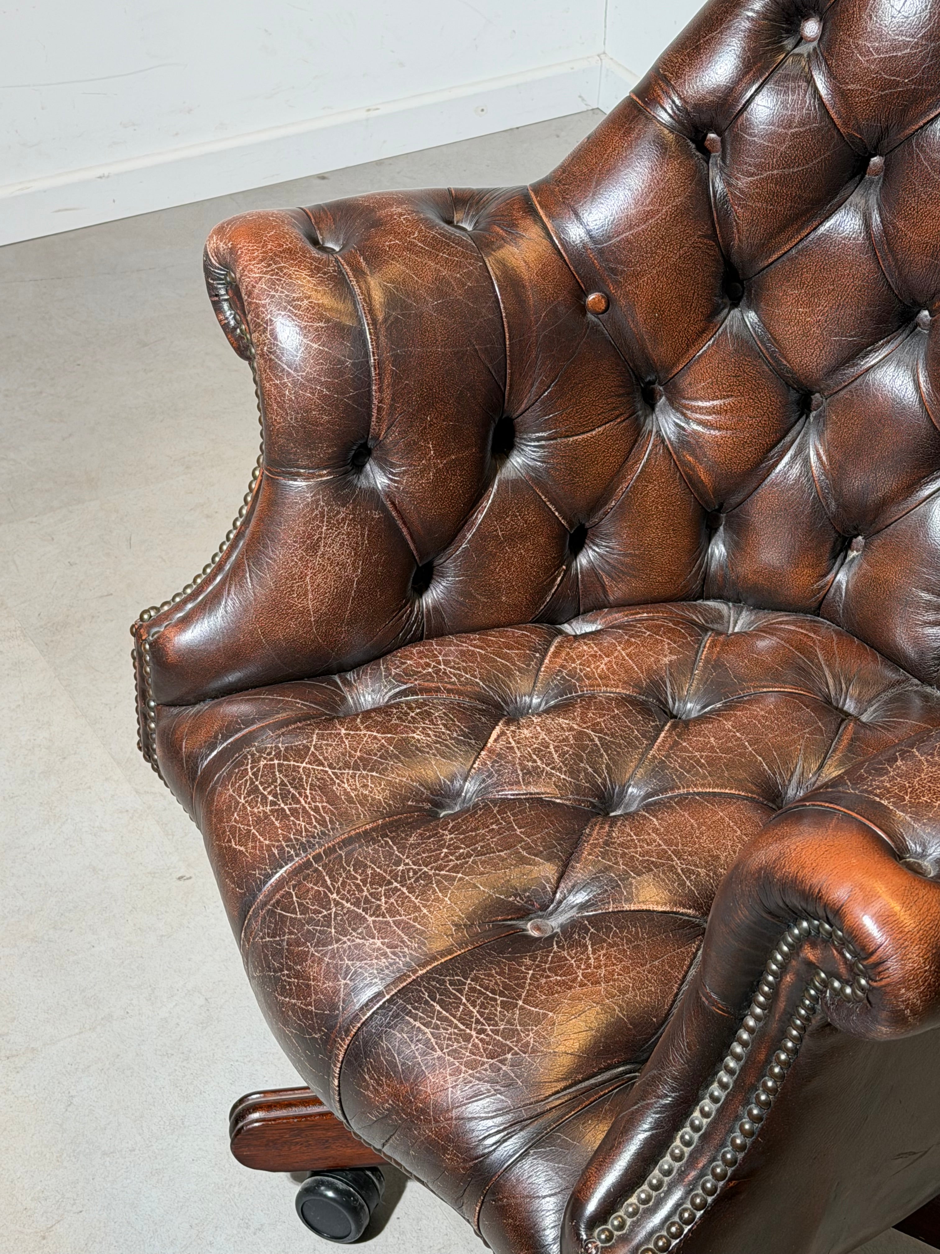 Chesterfield Directors Desk Chair in Brown Leather – Adjustable Height