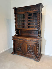 Antique Carved Oak Display Cabinet with Barley Twist Columns