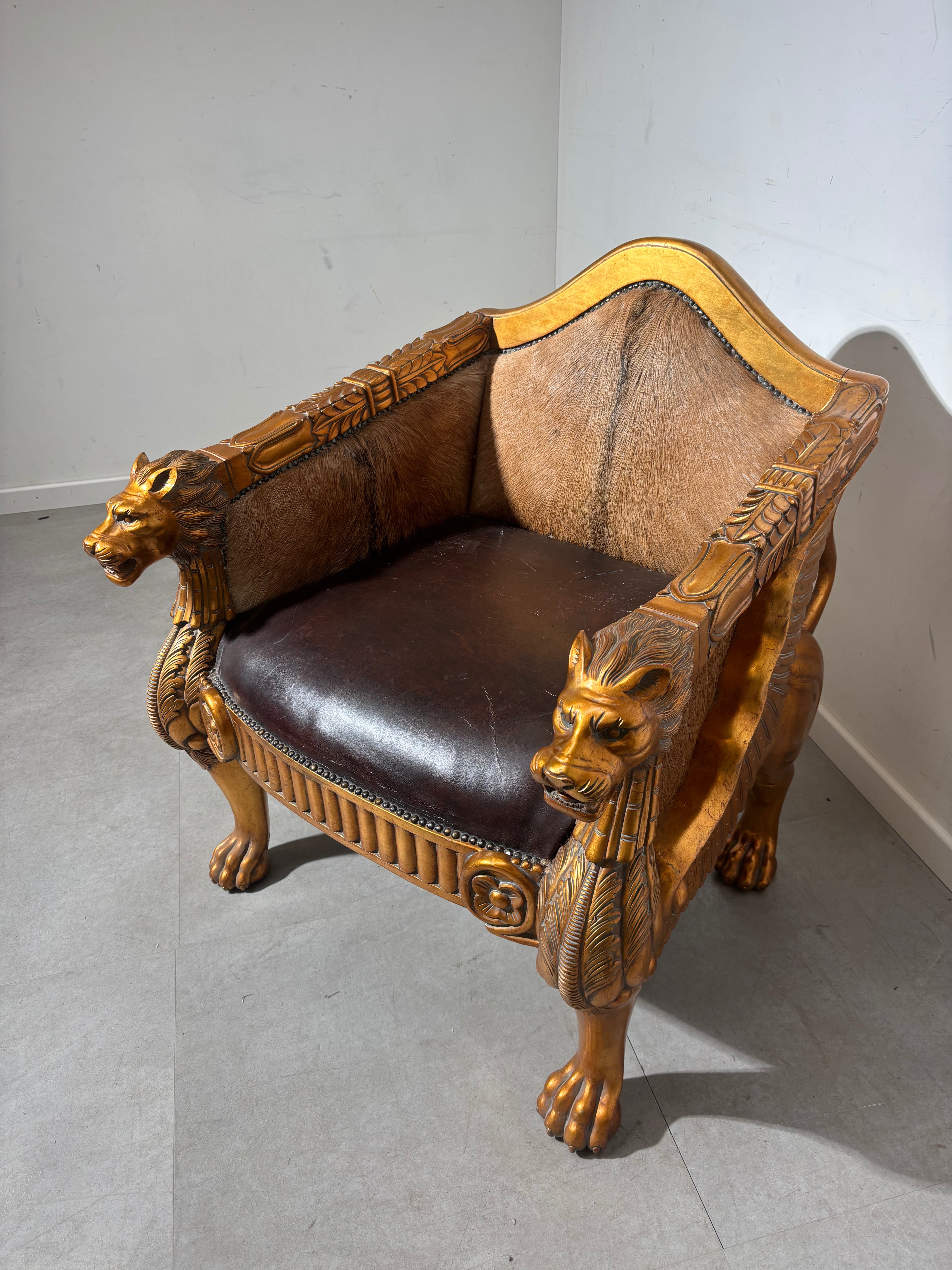 Regal Lion Throne Armchair – Cowhide & Gilded Detail