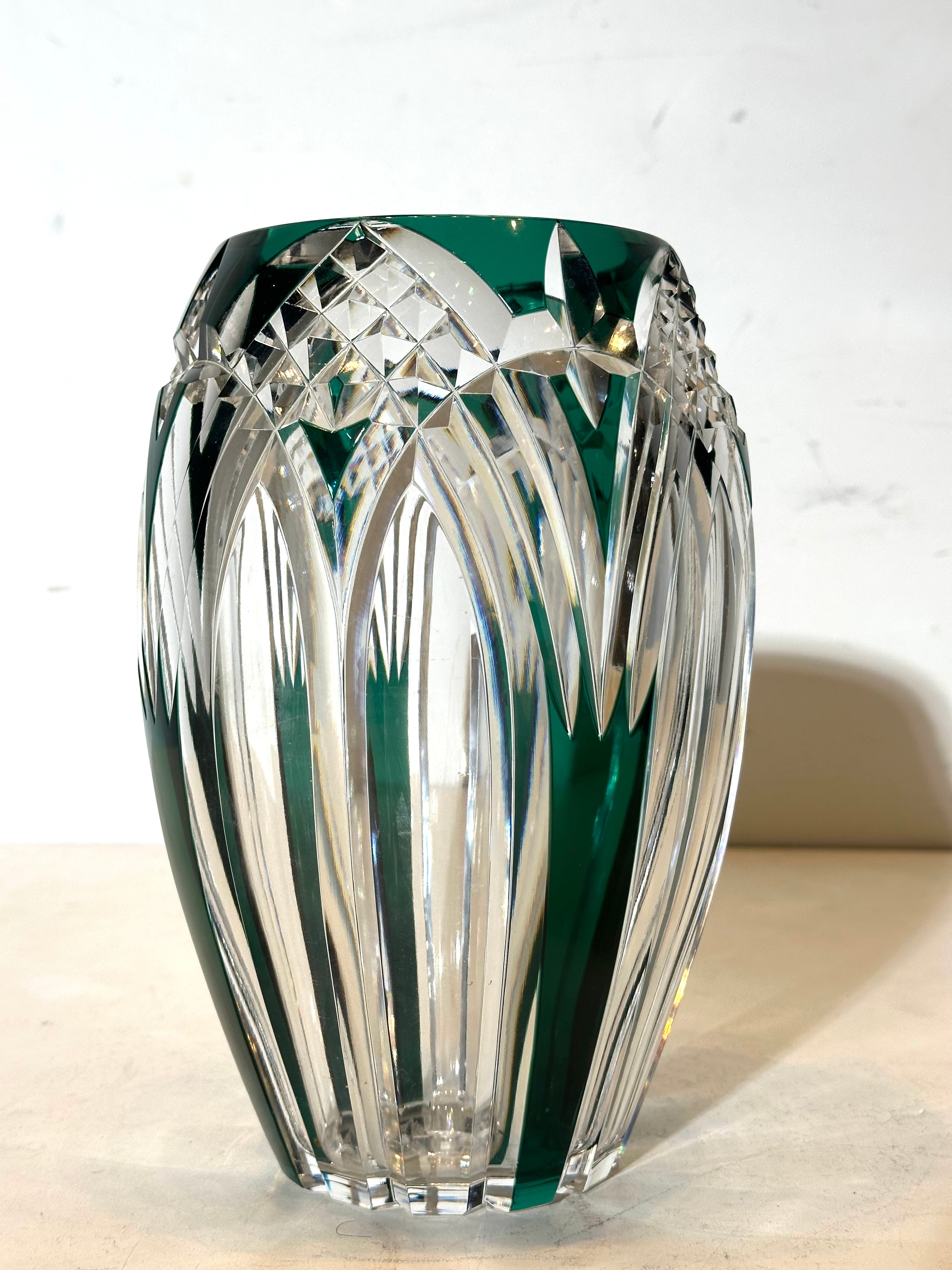 Val Saint Lambert crystal vase – green cut crystal