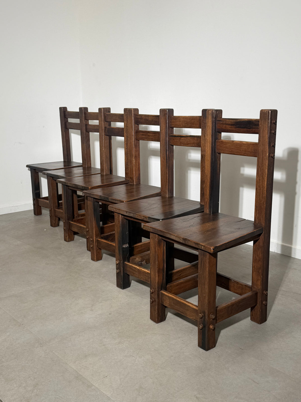 Set of Six Brutalist Solid Wood Dining Chairs