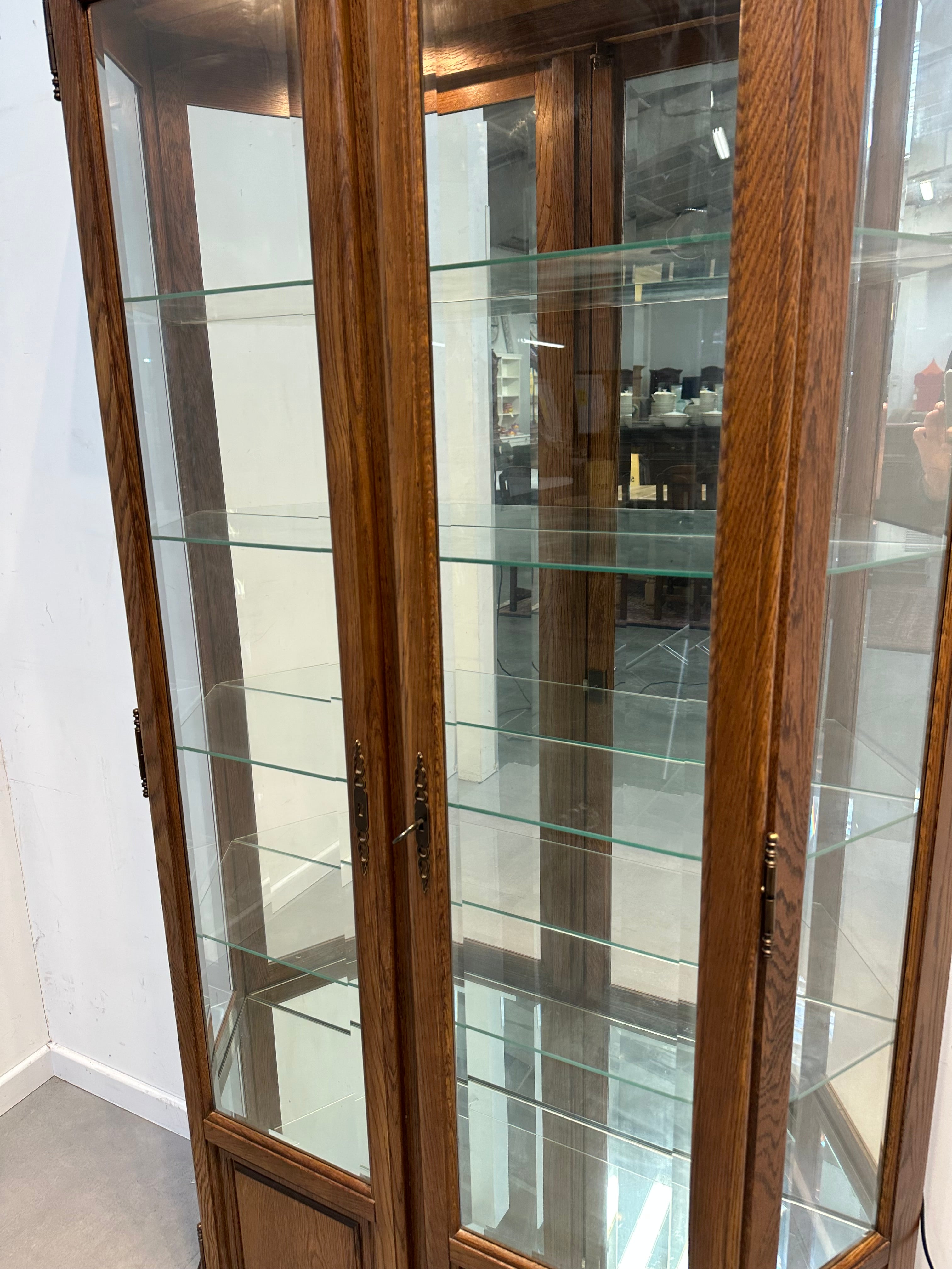 Vintage Oak Display Cabinet with Glass Shelves