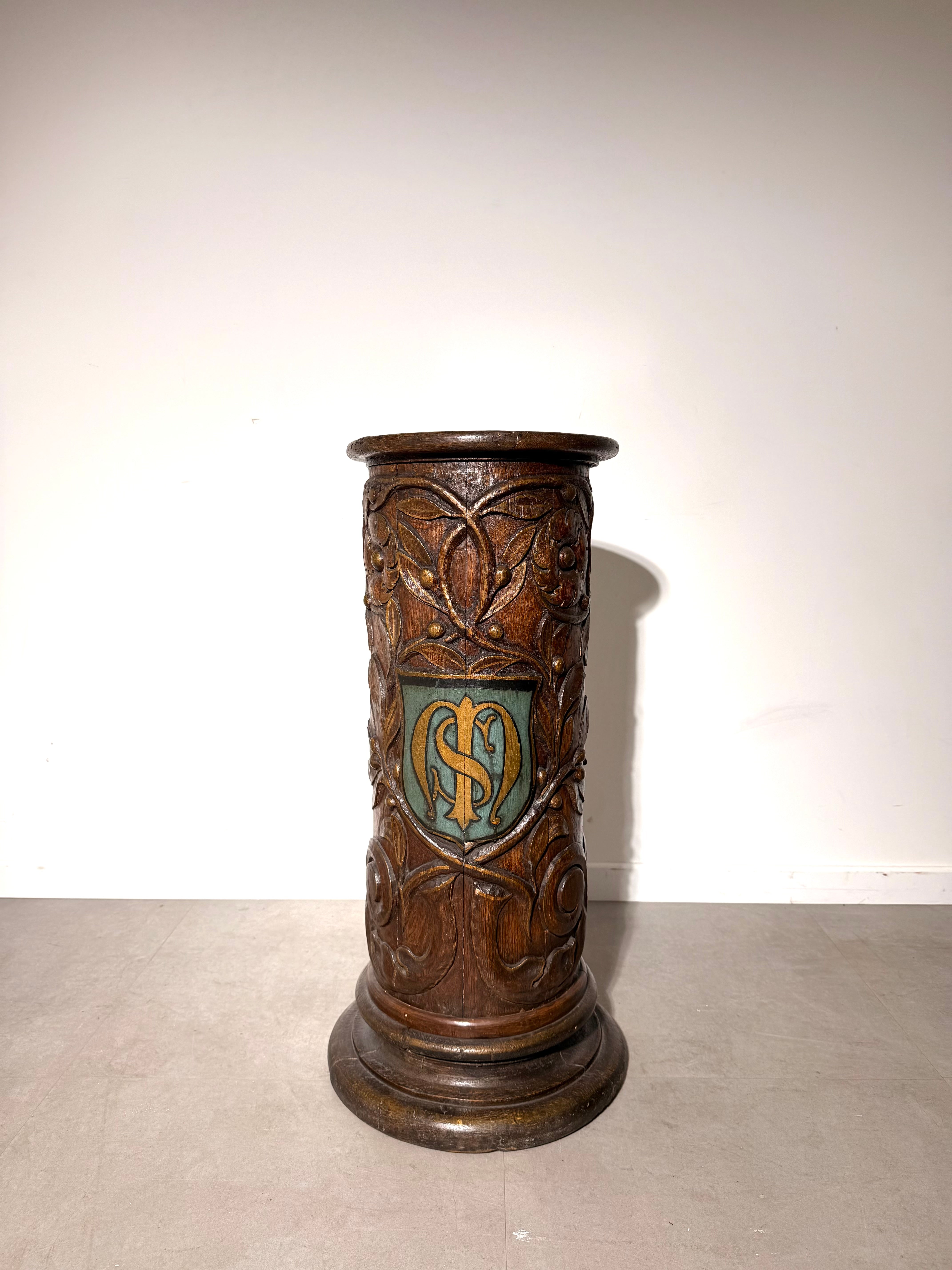 18th Century Carved Oak Heraldic Pedestal