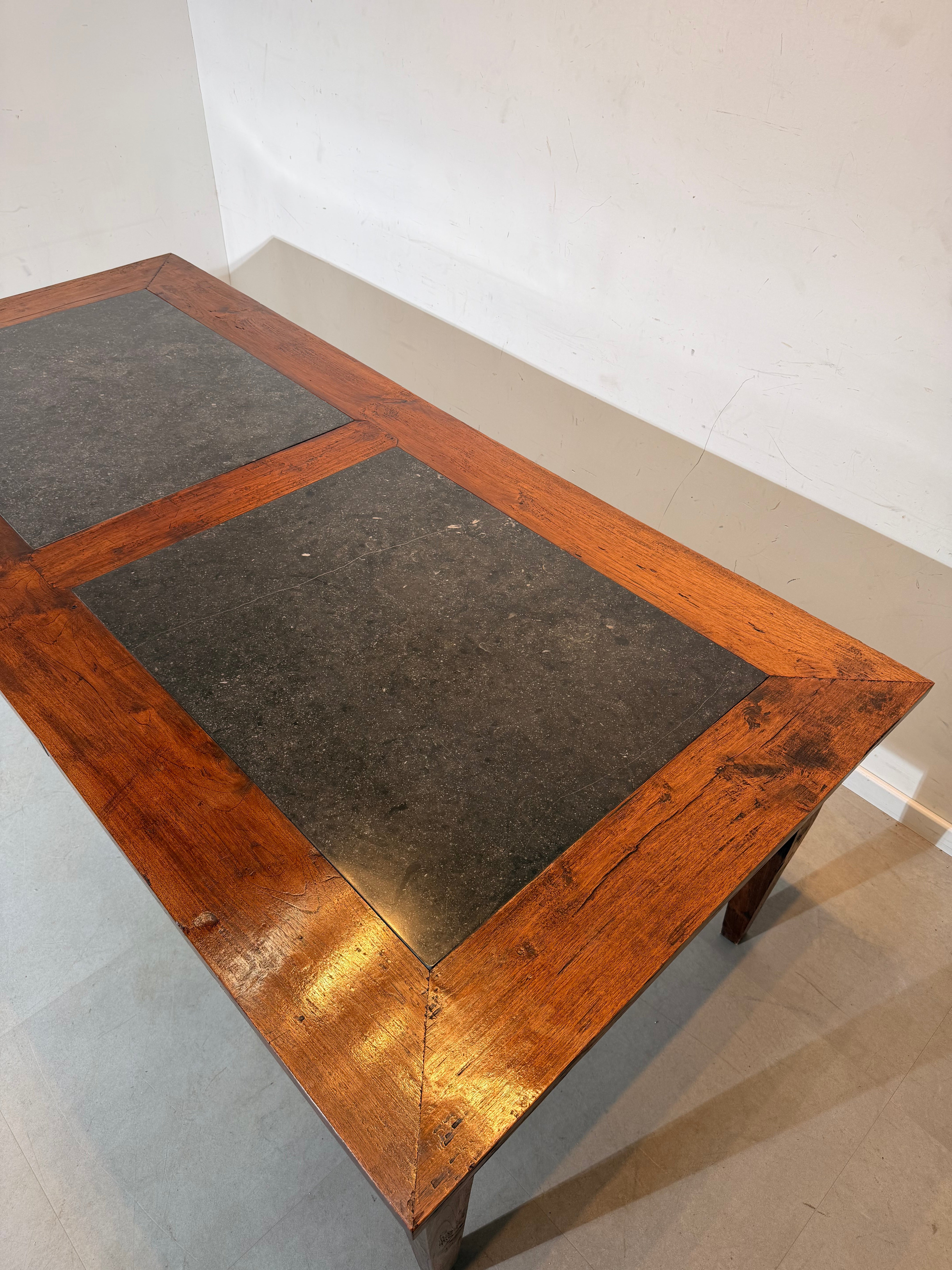 Antique Solid Teak Dining Table with Bluestone Top