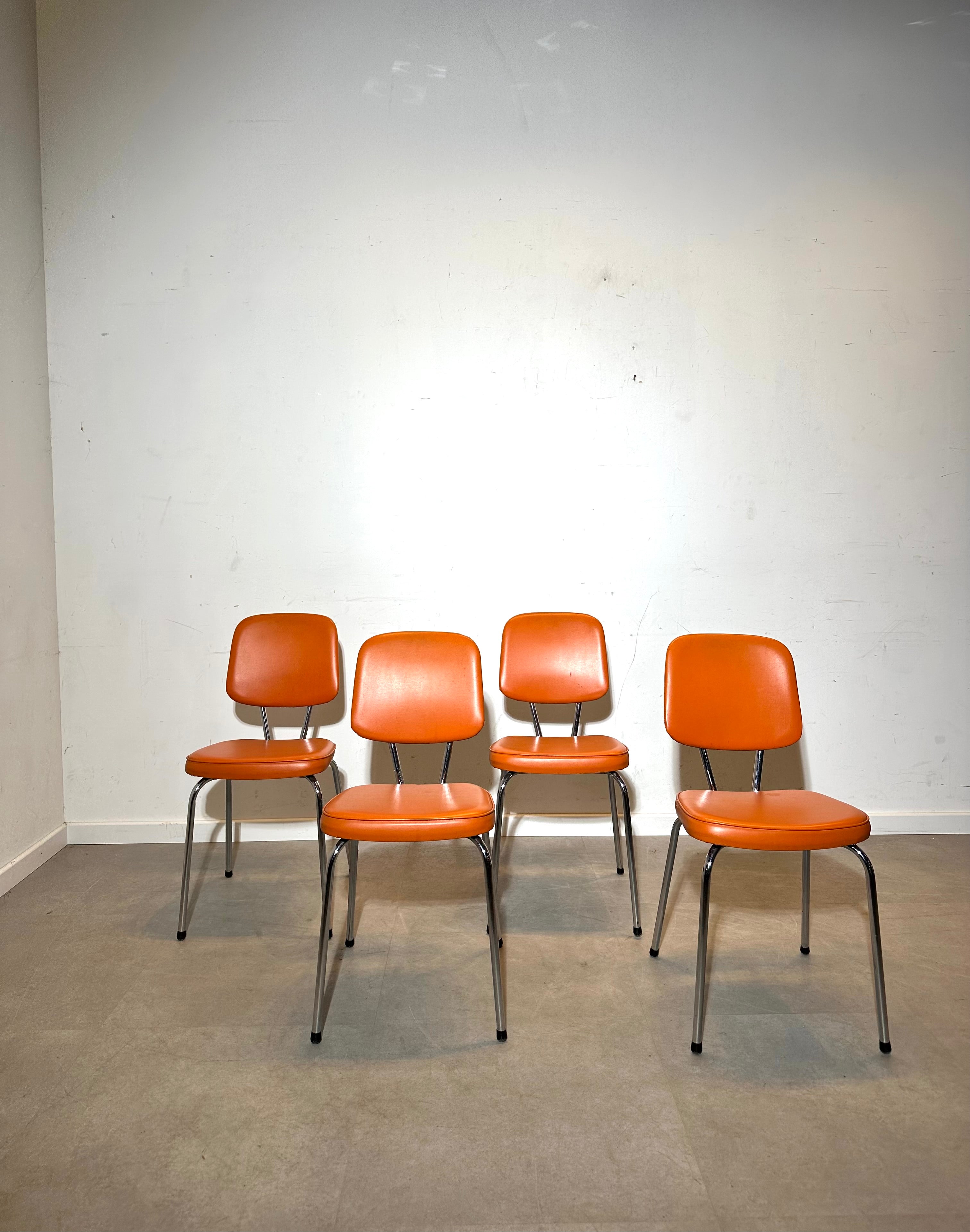 Set of 4 Vintage Orange Vinyl Dining Chairs