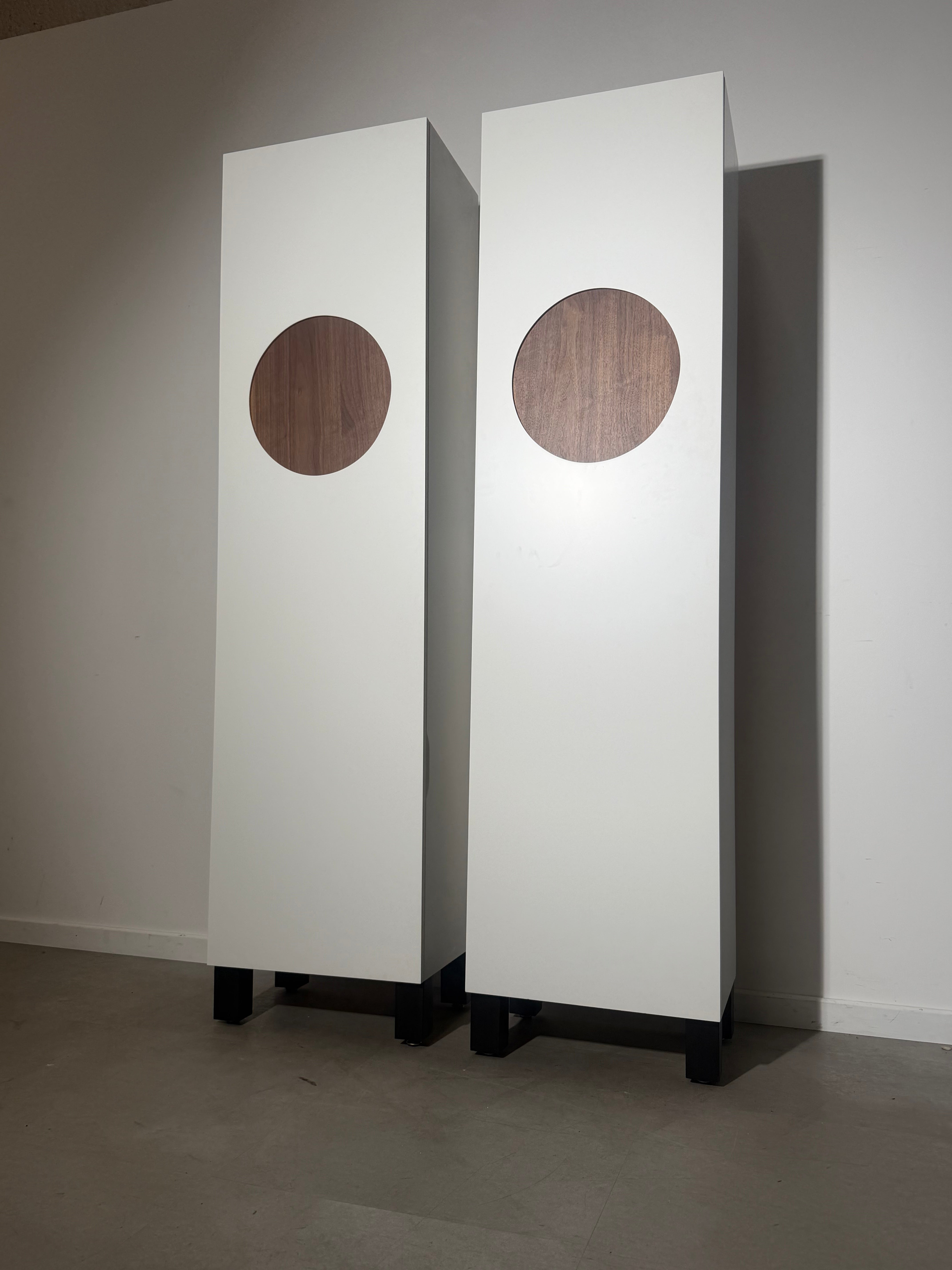 Pair of Contemporary White Wardrobes with Walnut Circular Detail