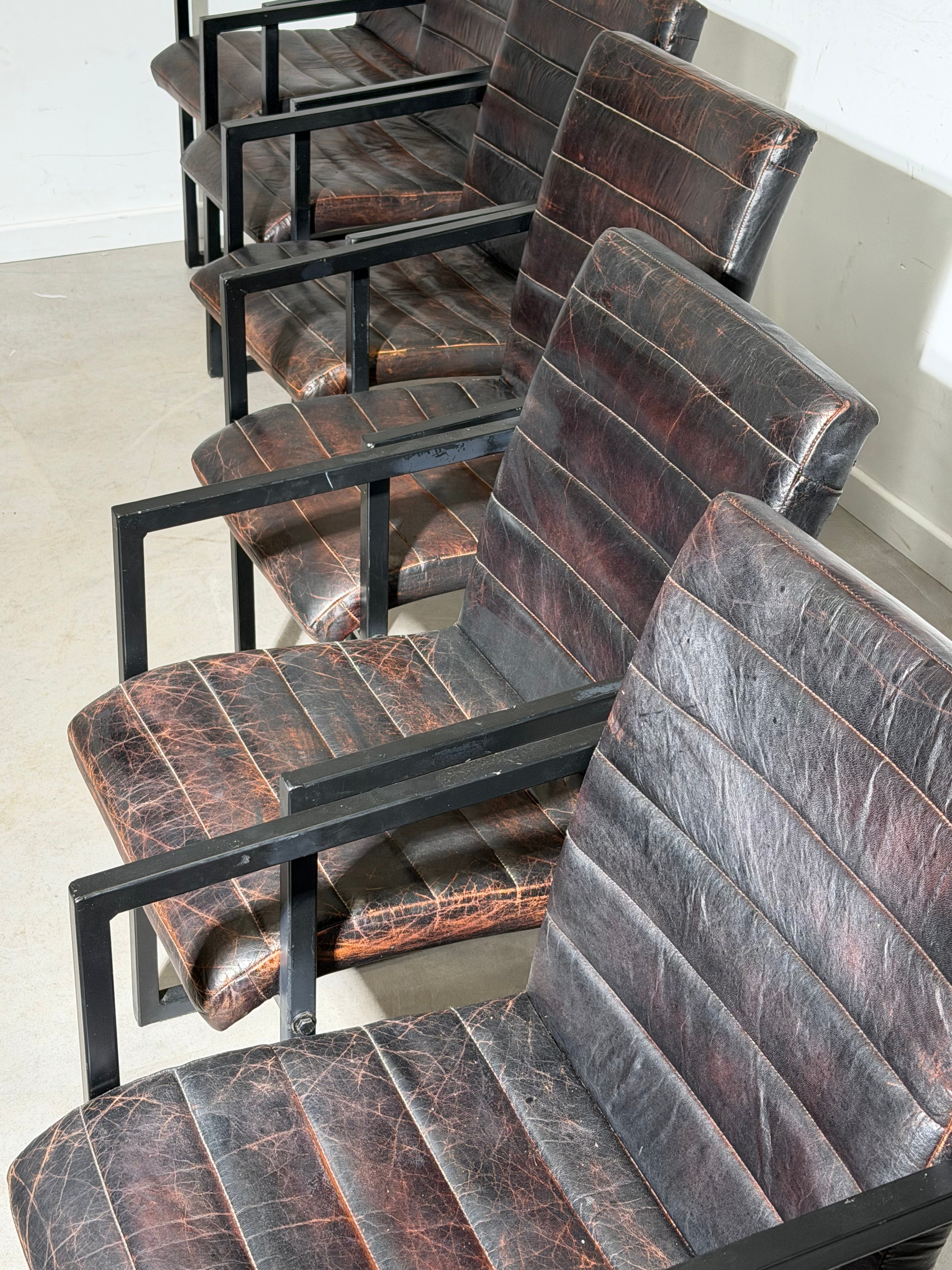 Set of 6 Industrial Dining Chairs Patinated Leather – Black Metal Armchairs