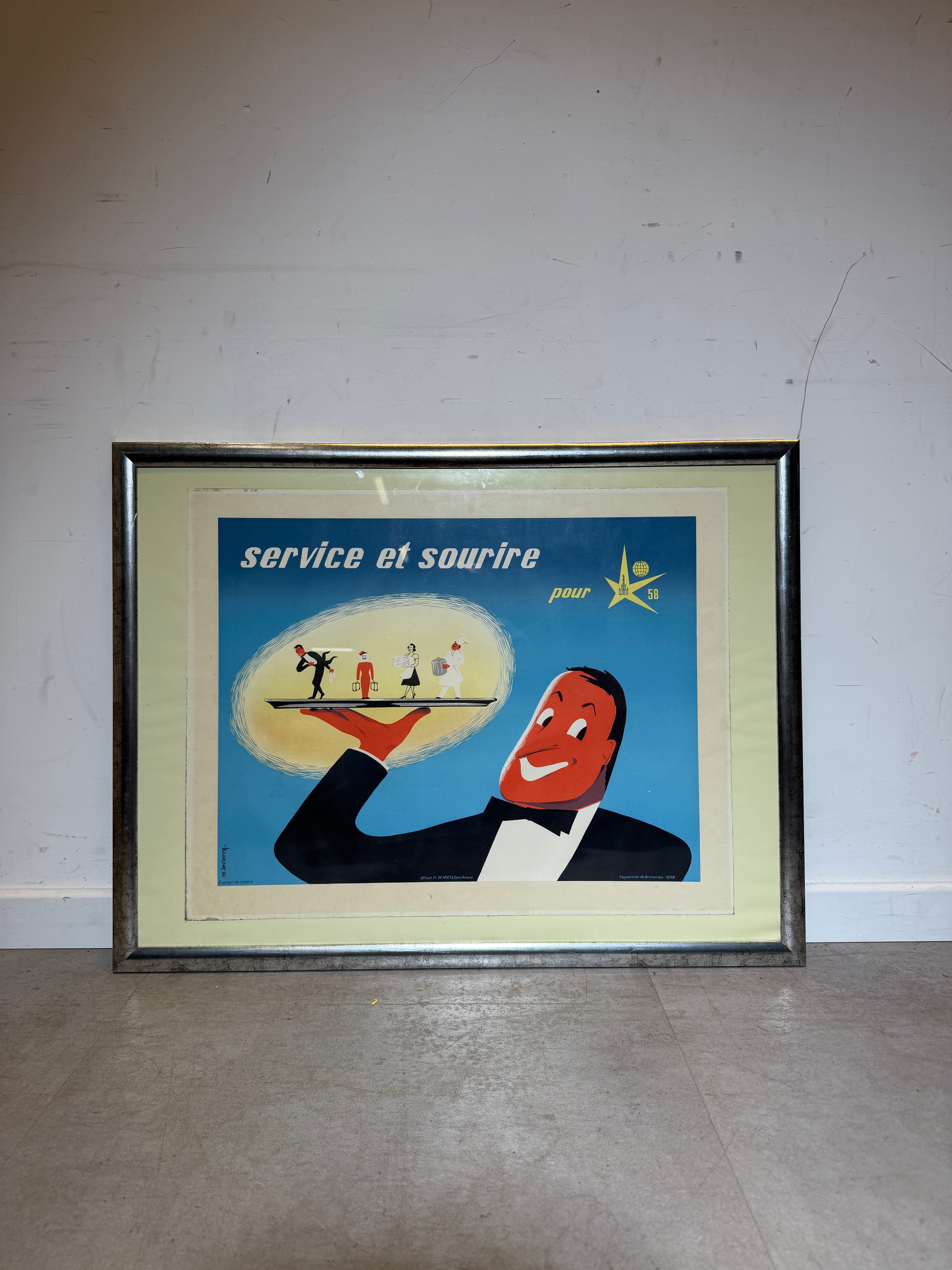Affiche originale de l'Expo 58 « Service et Sourire » de M. Leclercq (1958)