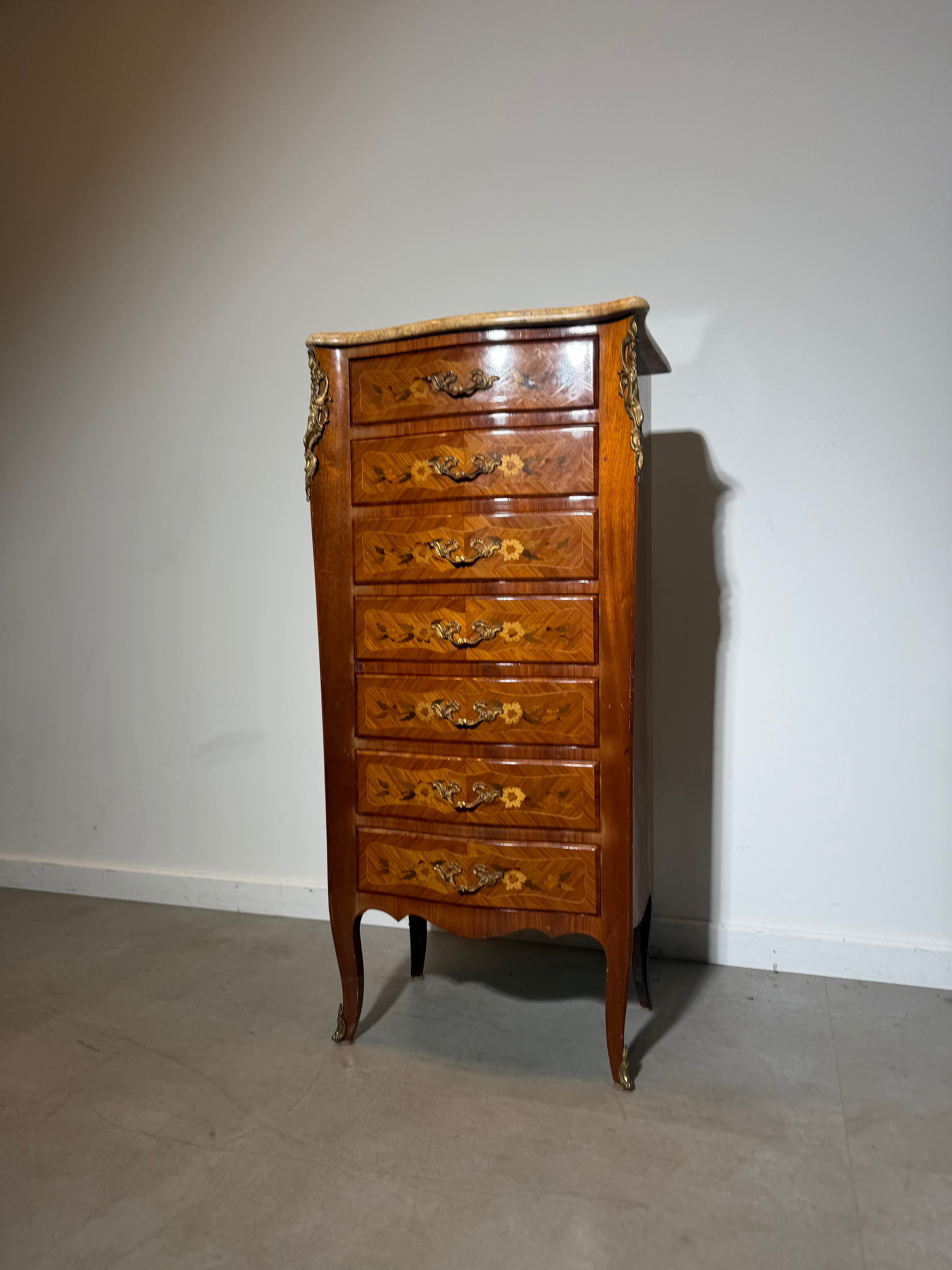 French Louis XV Marquetry Tall Chest of Drawers with Marble Top
