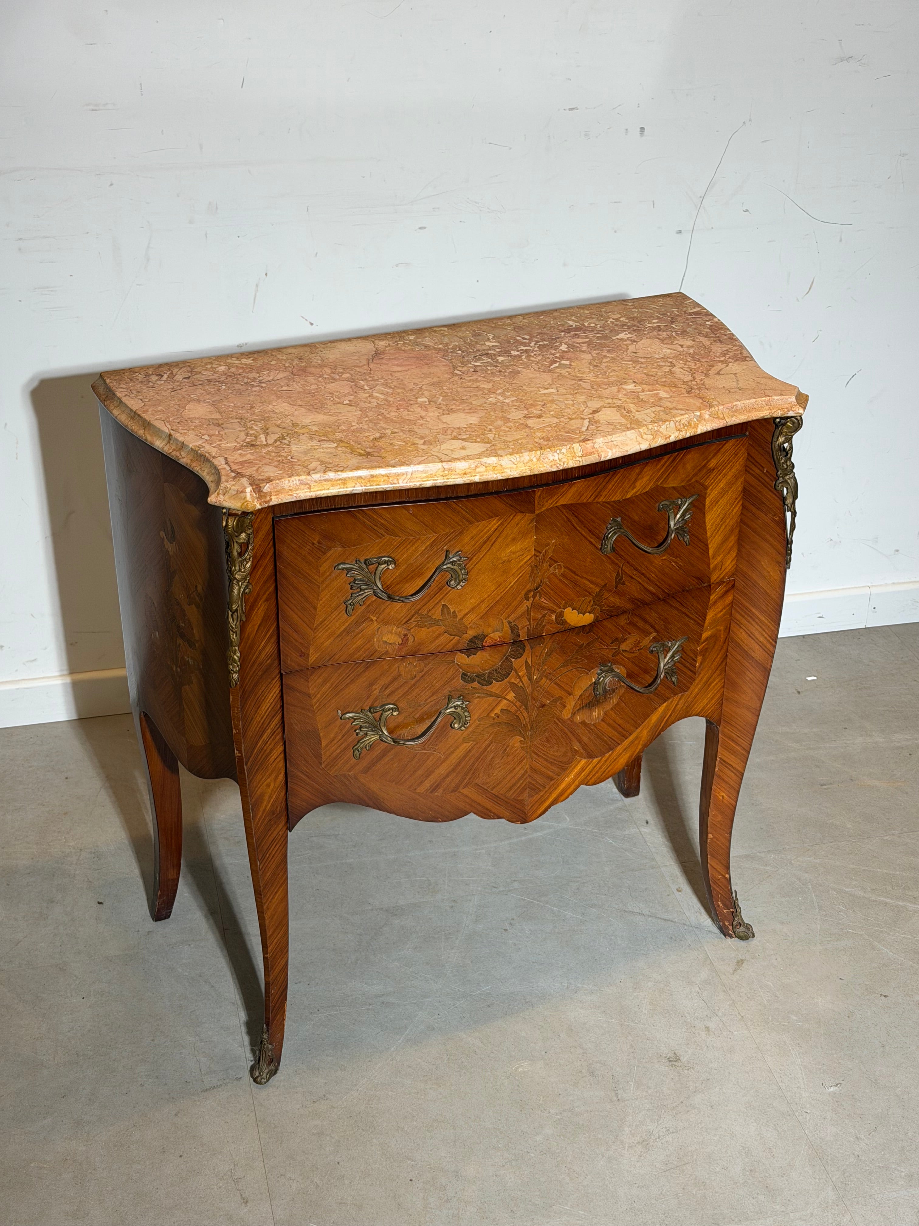 Antique French Marble Top Chest of Drawers – Floral Marquetry