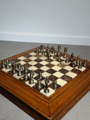 Vintage Marble Chess Set with Metal Pieces & Hidden Storage