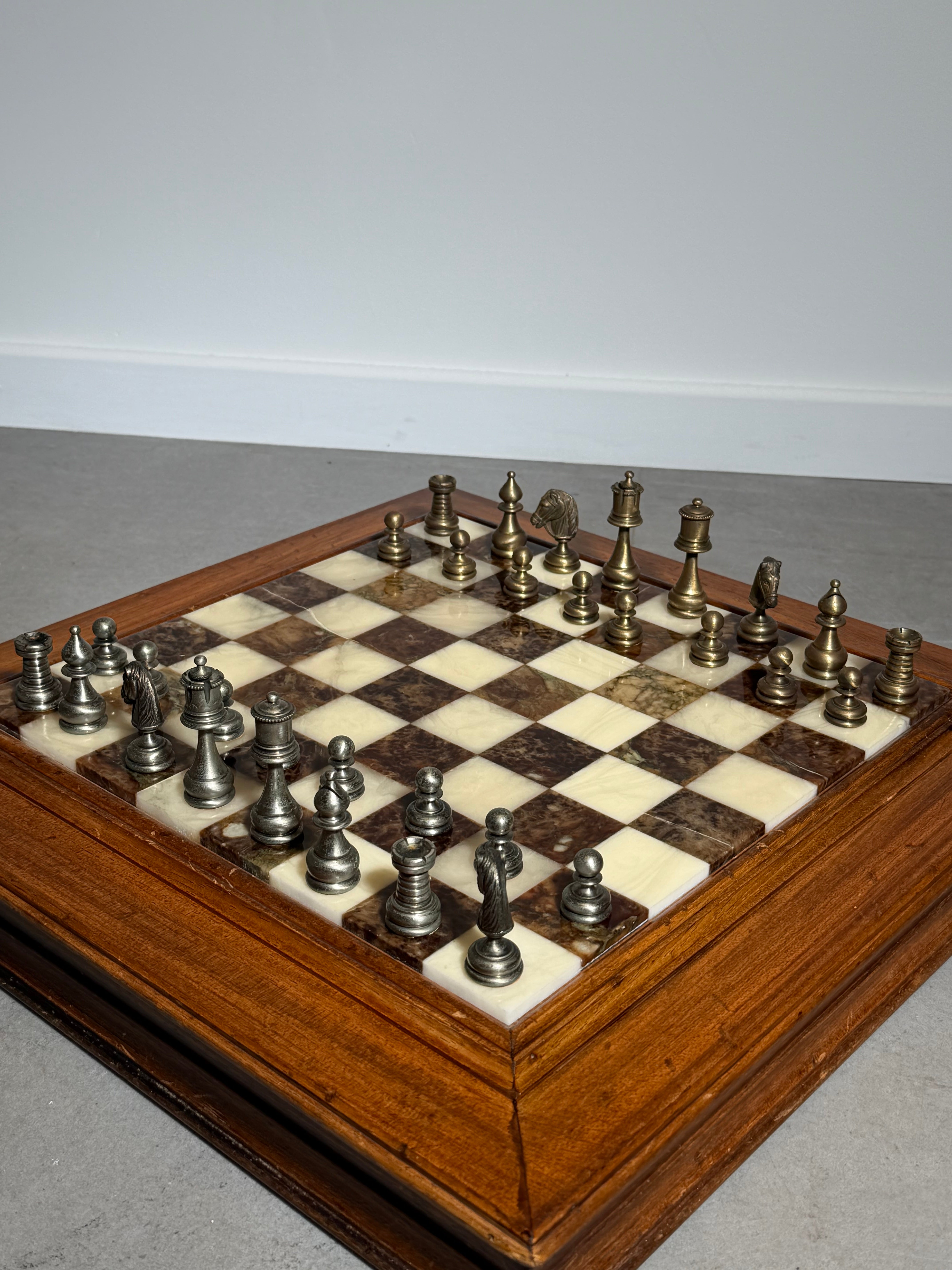 Vintage Marble Chess Set with Metal Pieces & Hidden Storage