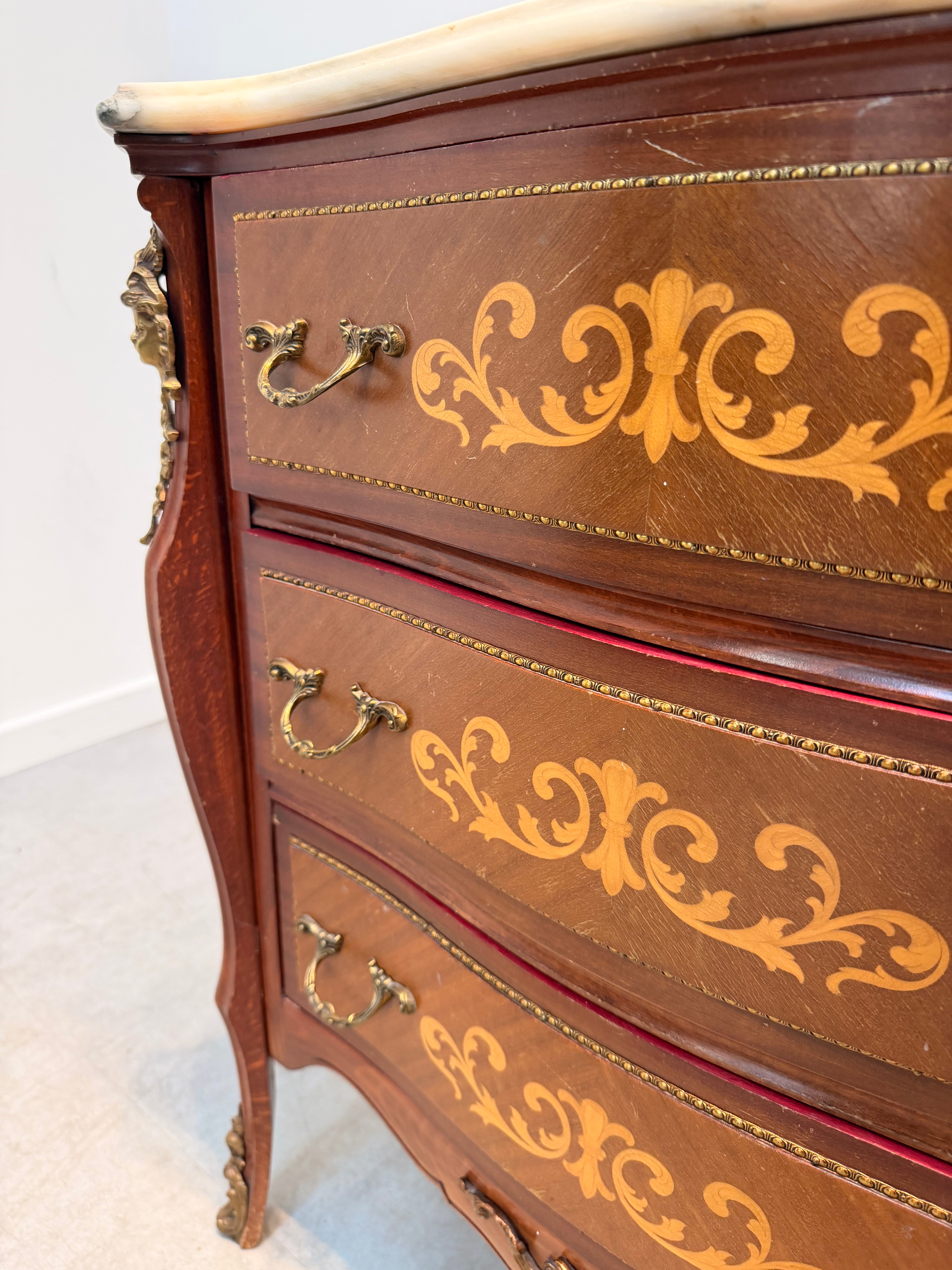French Louis XV Style Marquetry Commode with Marble Top