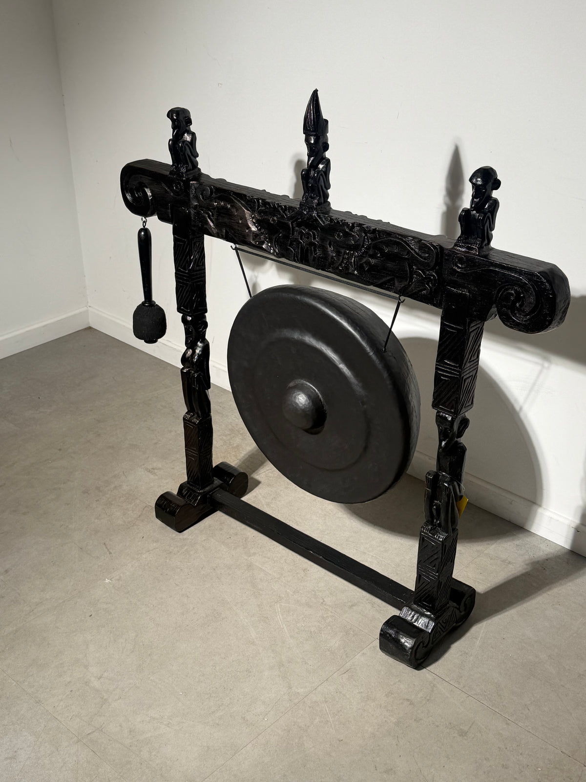 Large Gong with Carved Wooden Stand & Mallet