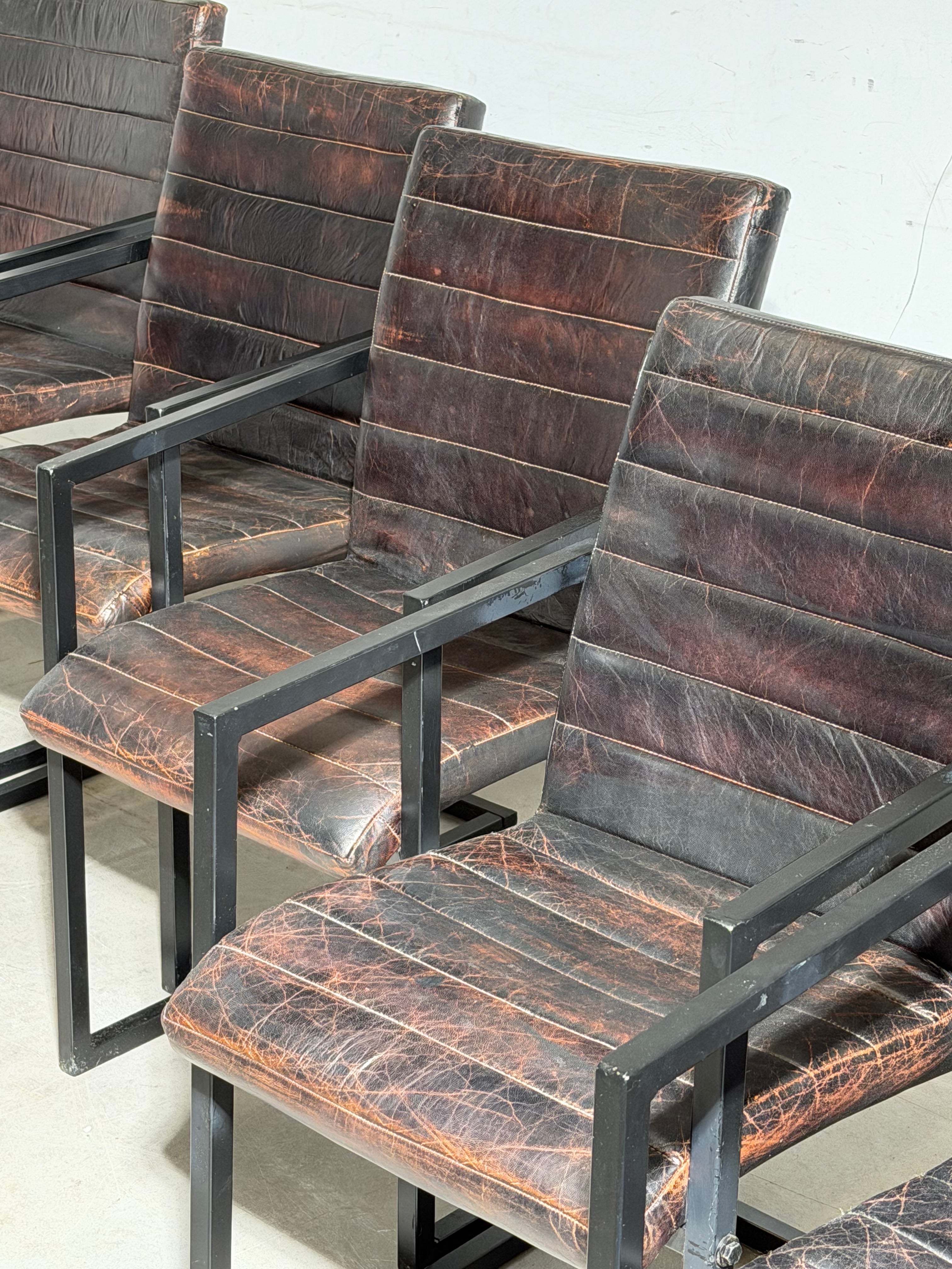 Set of 6 Industrial Dining Chairs Patinated Leather – Black Metal Armchairs