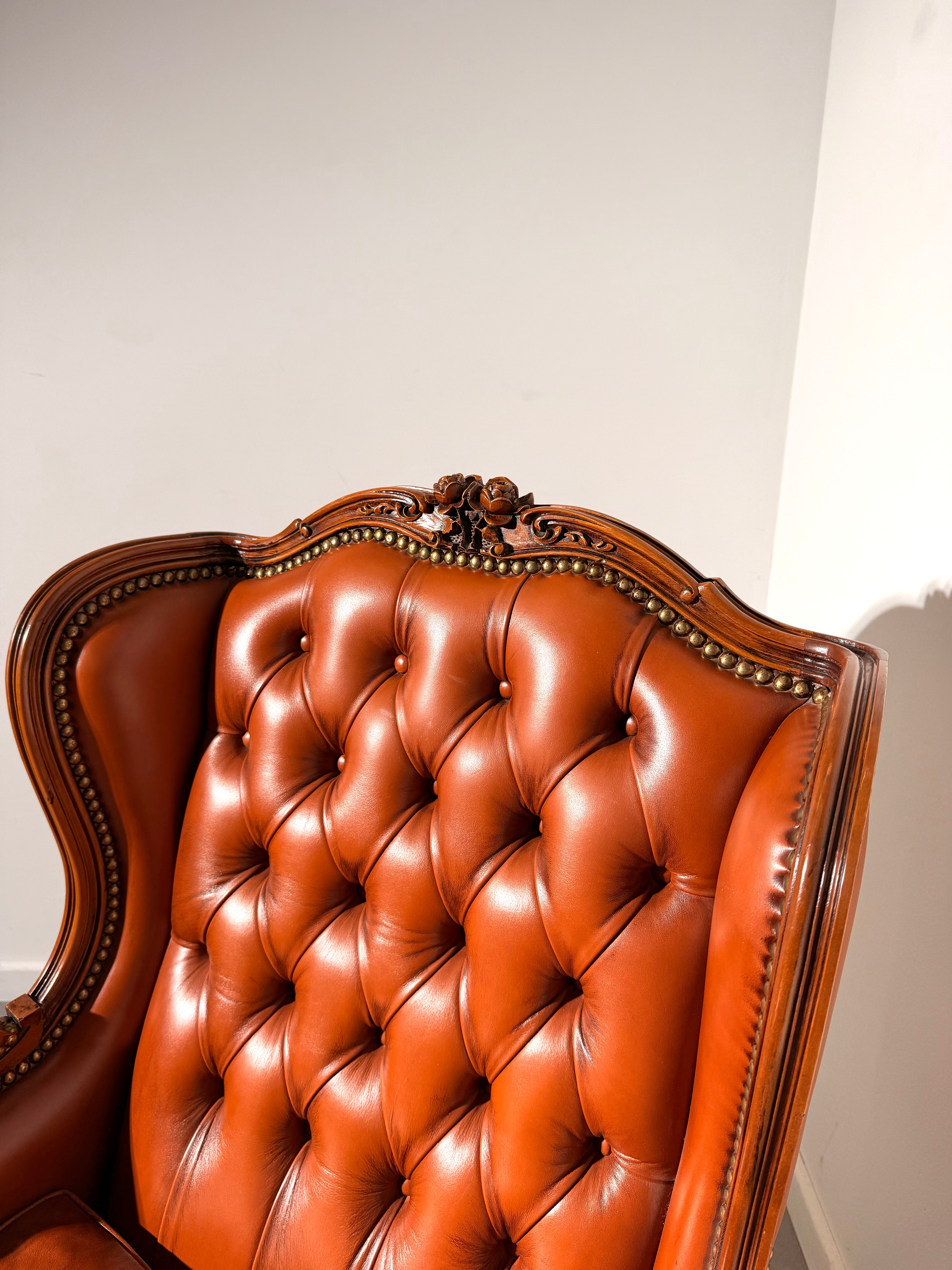 Antique Cognac Leather Bergère Armchair