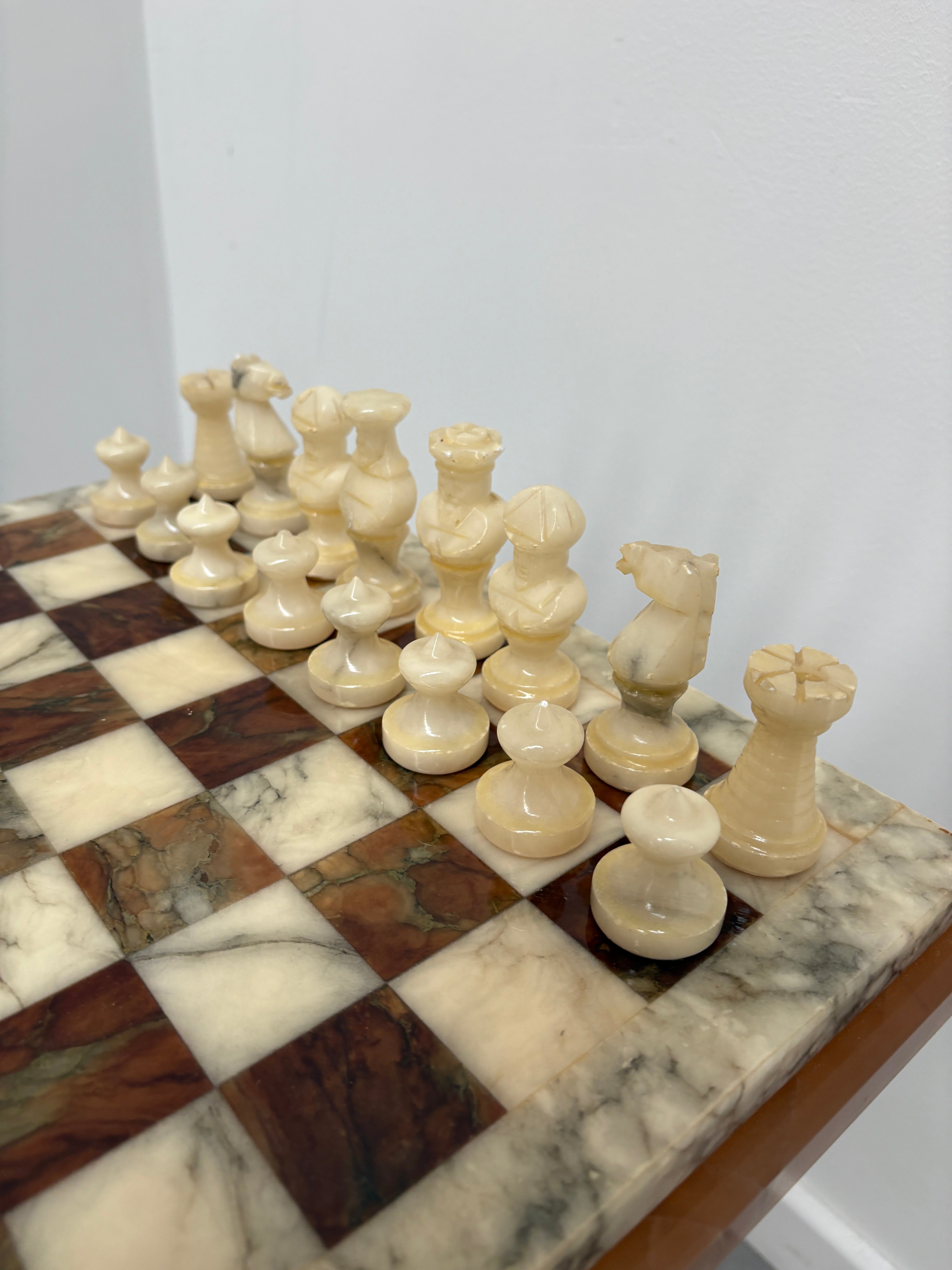 Vintage Marble Chess Set on Marble Pedestal Stand
