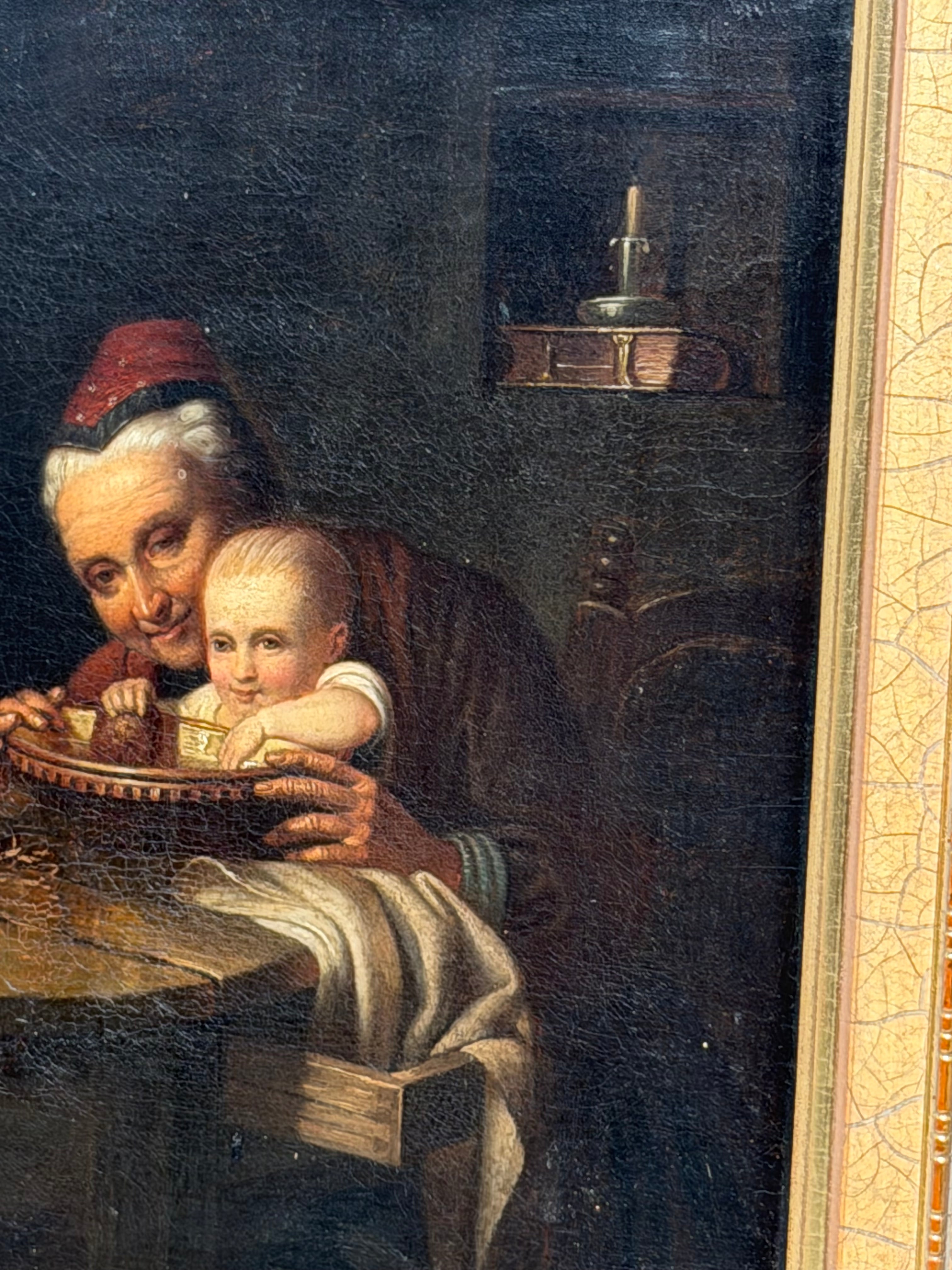 Antique 19th Century Genre Painting – Grandmother & Child – Oil on Canvas