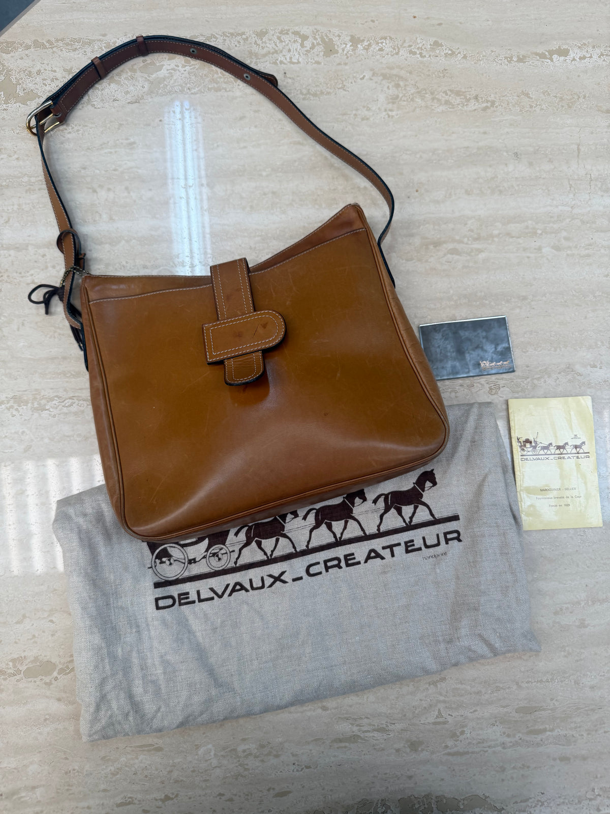 Vintage Delvaux Cognac Leather Shoulder Bag – With Dust Bag, Mirror & Certificate