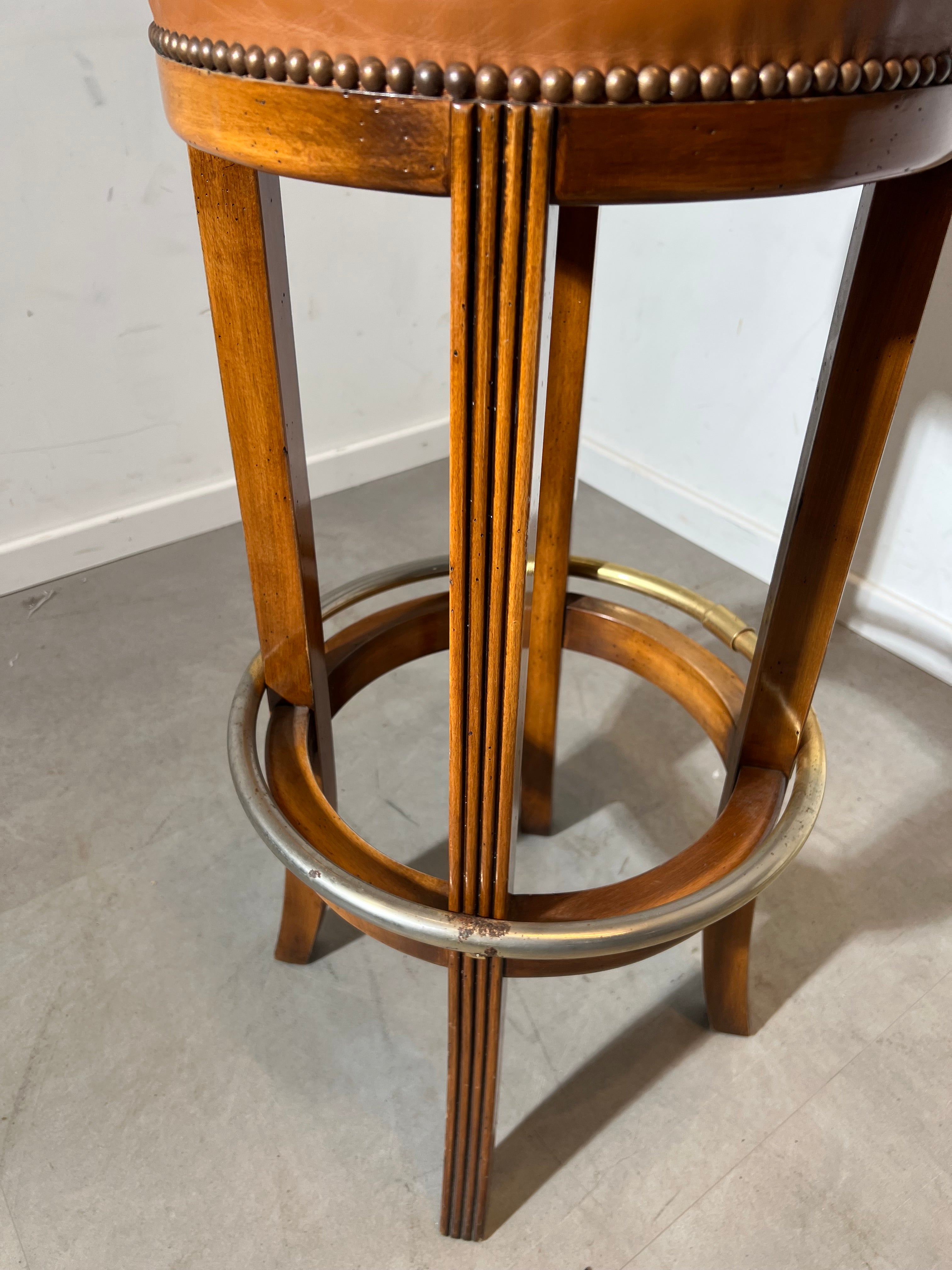Vintage Wooden Bar Stool with Leather Seat & Brass Footrest