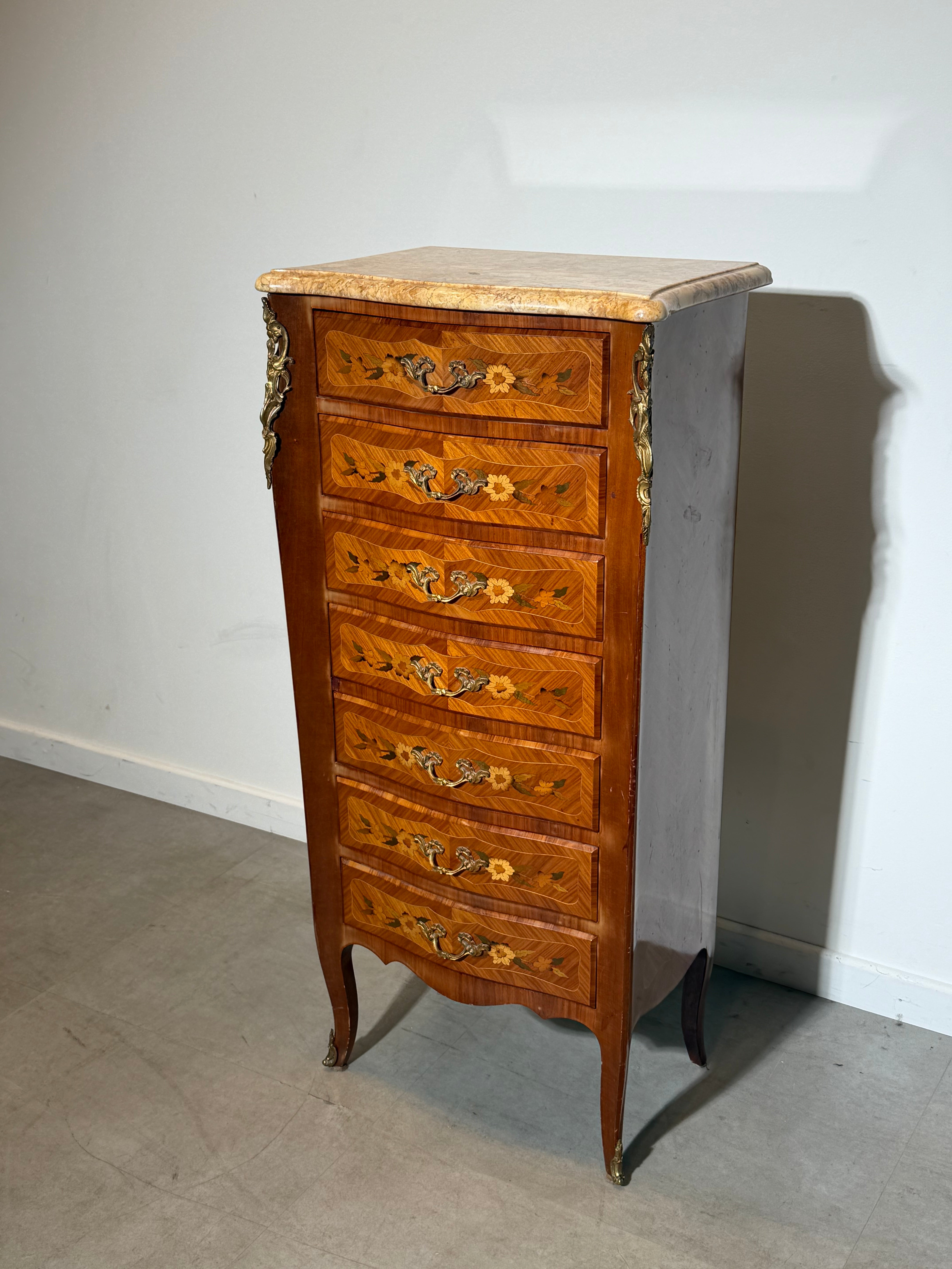 French Louis XV Marquetry Tall Chest of Drawers with Marble Top
