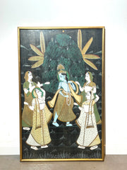 Antique Indian Krishna Silk Painting in Gilt Frame