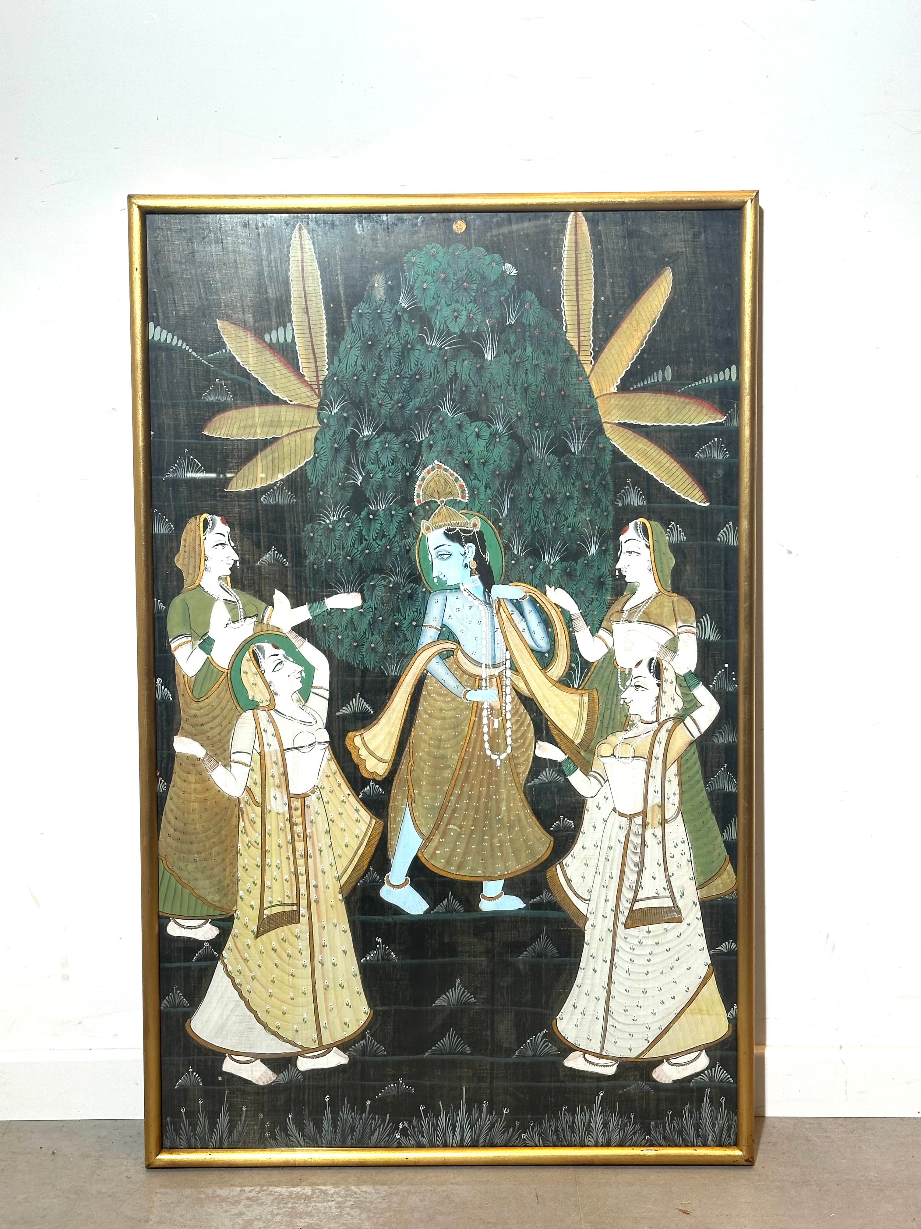 Antique Indian Krishna Silk Painting in Gilt Frame